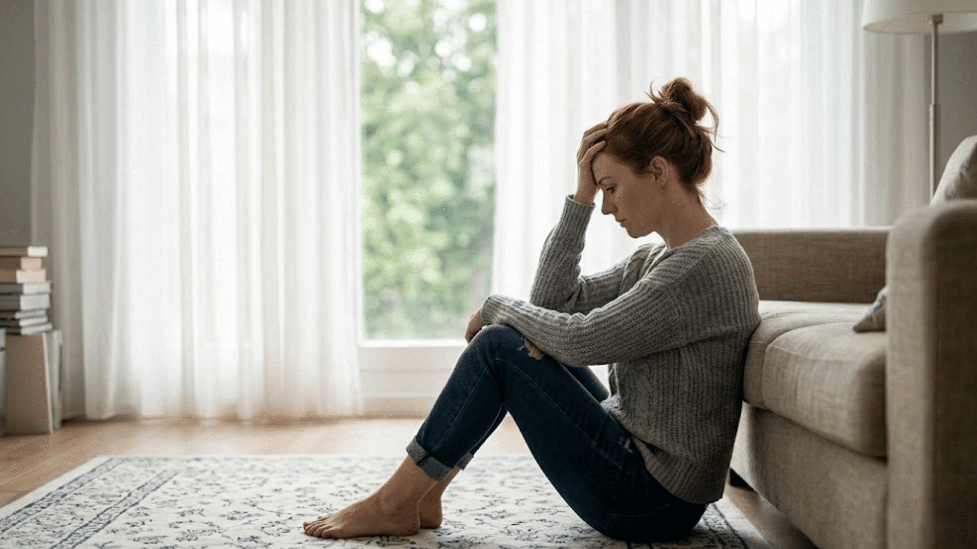 woman sitting alone on the floor looking distressed while reflecting indoors in a quiet home setting