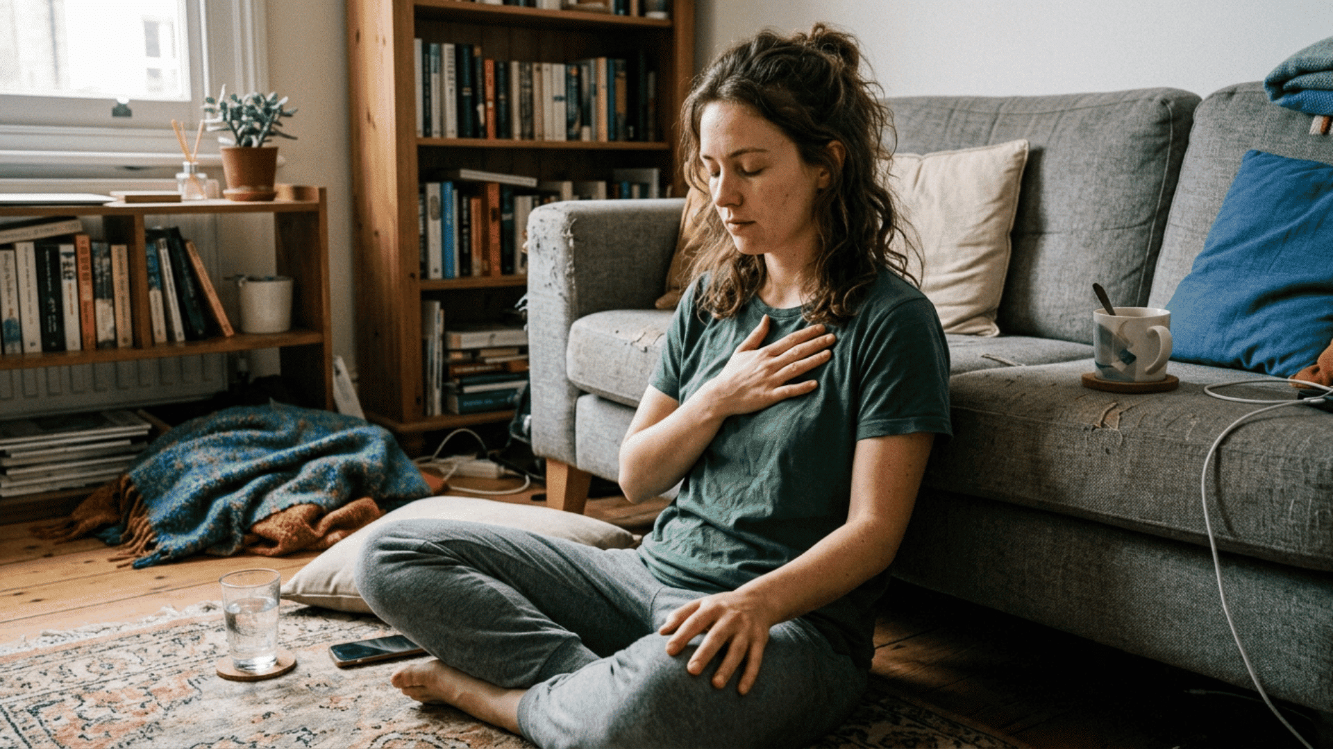 woman sitting on floor with hand on chest practicing a grounding technique during a panic attack
