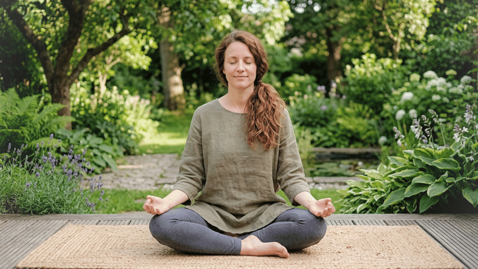 woman meditating peacefully on a yoga mat in a lush garden surrounded by greenery during a quiet moment of healing