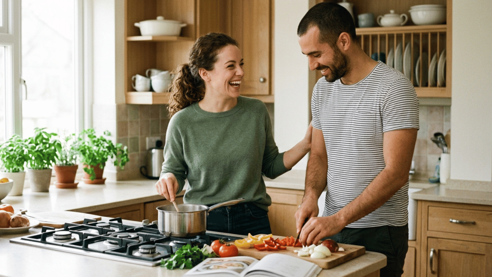 a couple cooking together showing a healthy relationship by sharing responsibilities