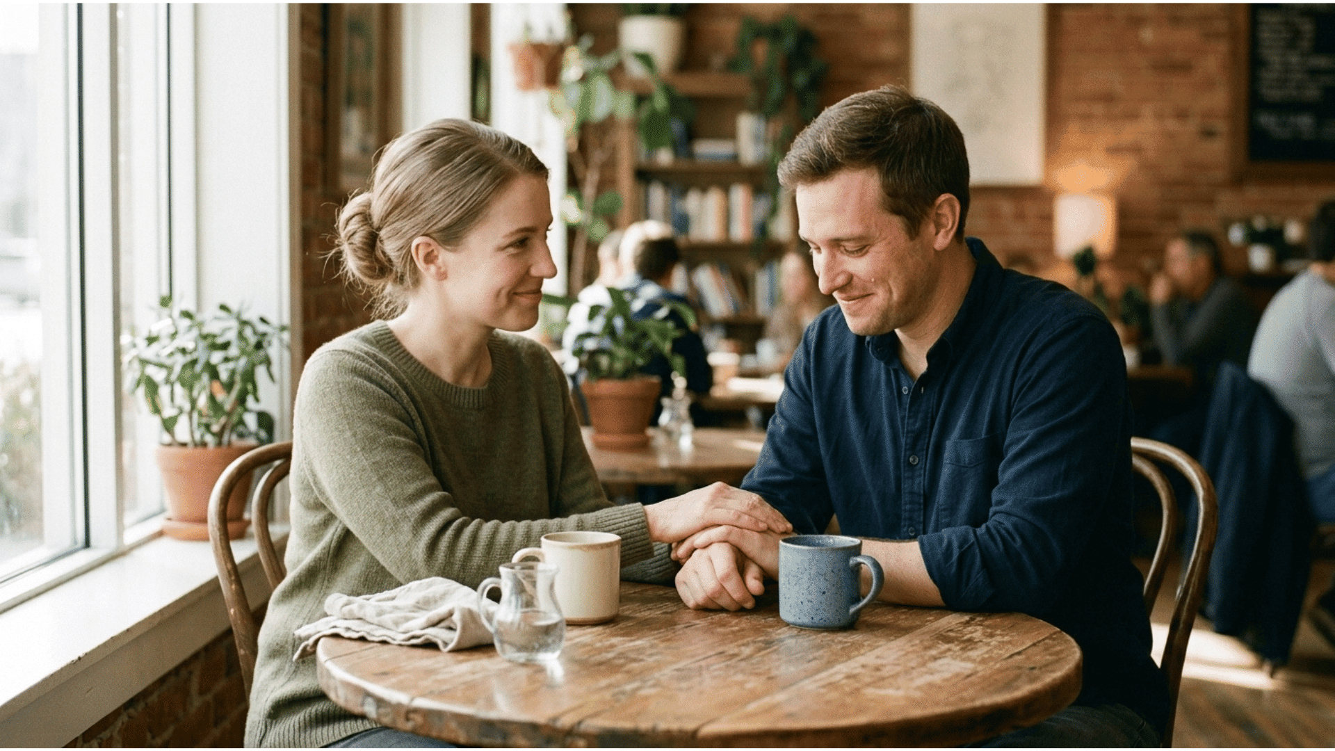 couple holding hands at a cafe table, sharing a moment of forgiveness