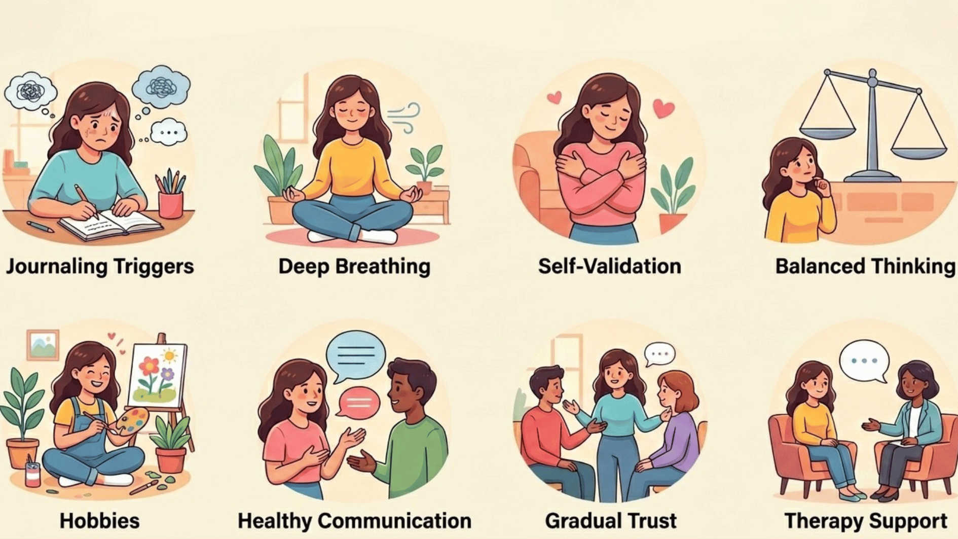 a bright, colorful flowchart-style illustration on how to heal from anxious attachment