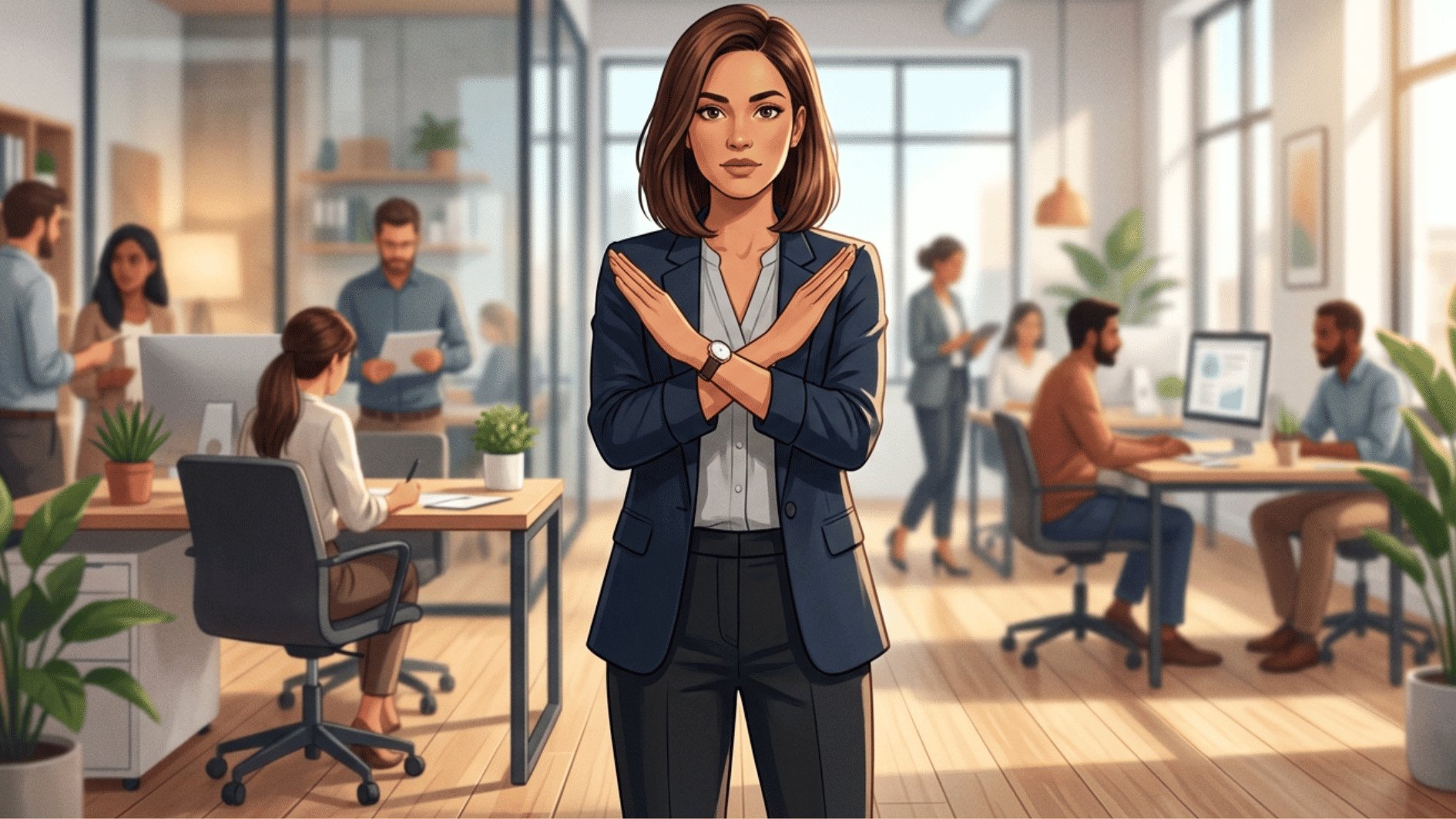 office illustration of a young professional standing in a modern workplace, making a clear no gesture