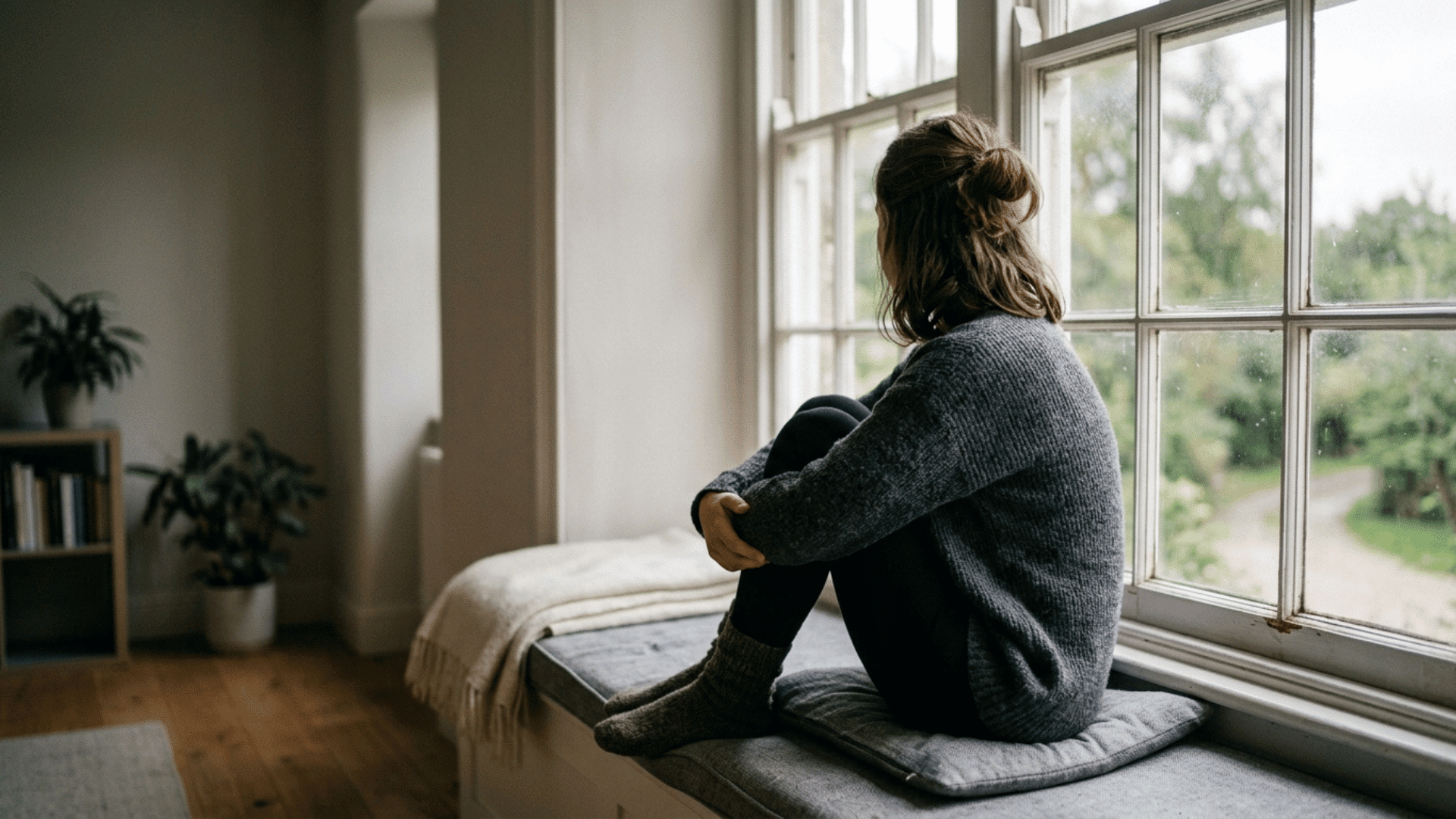 person sitting by window with knees to chest representing the journey of learning how to stop OCD thoughts naturally