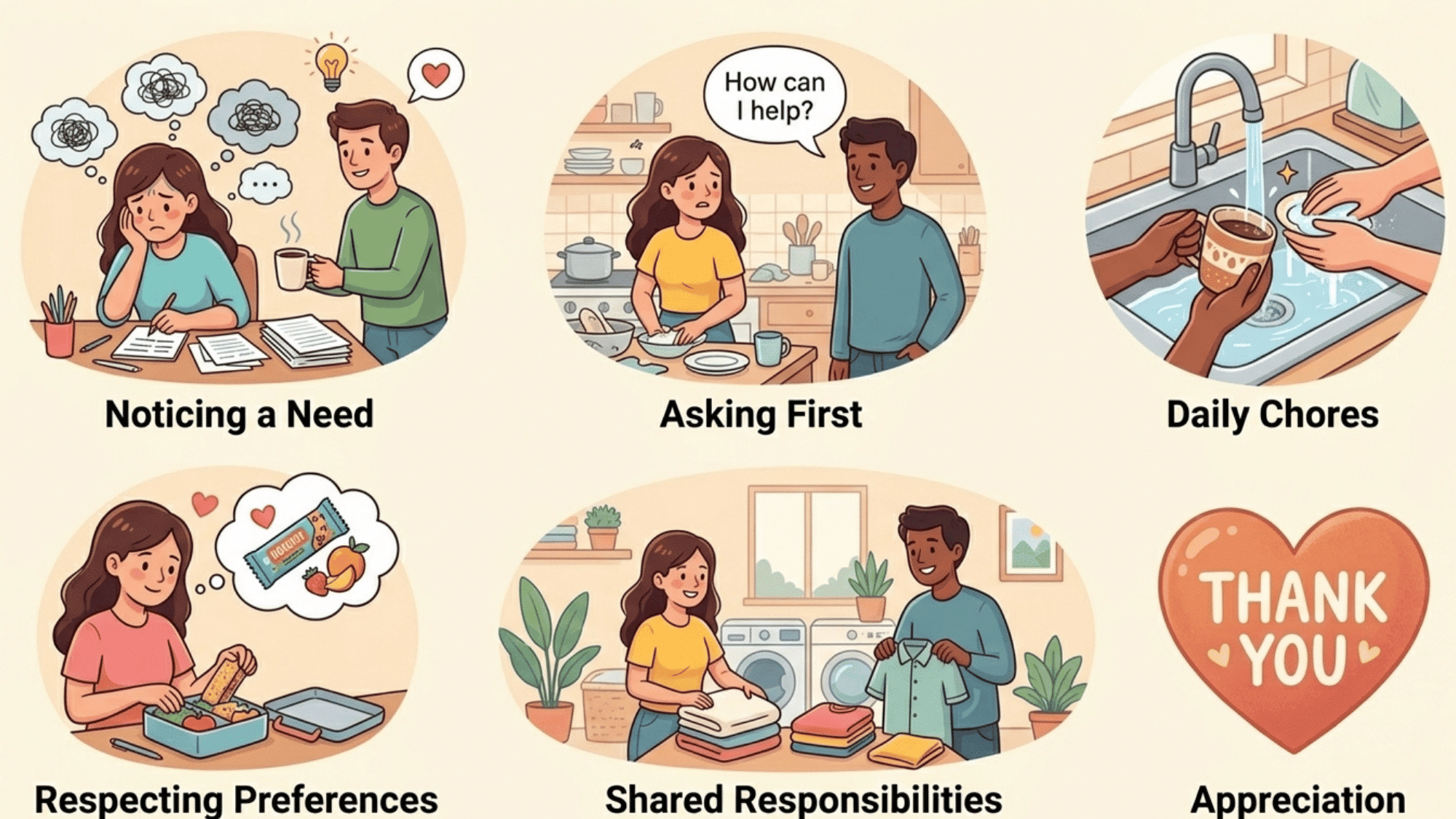 simple illustrations showing everyday acts of service including helping with chores offering support sharing tasks and gratitude