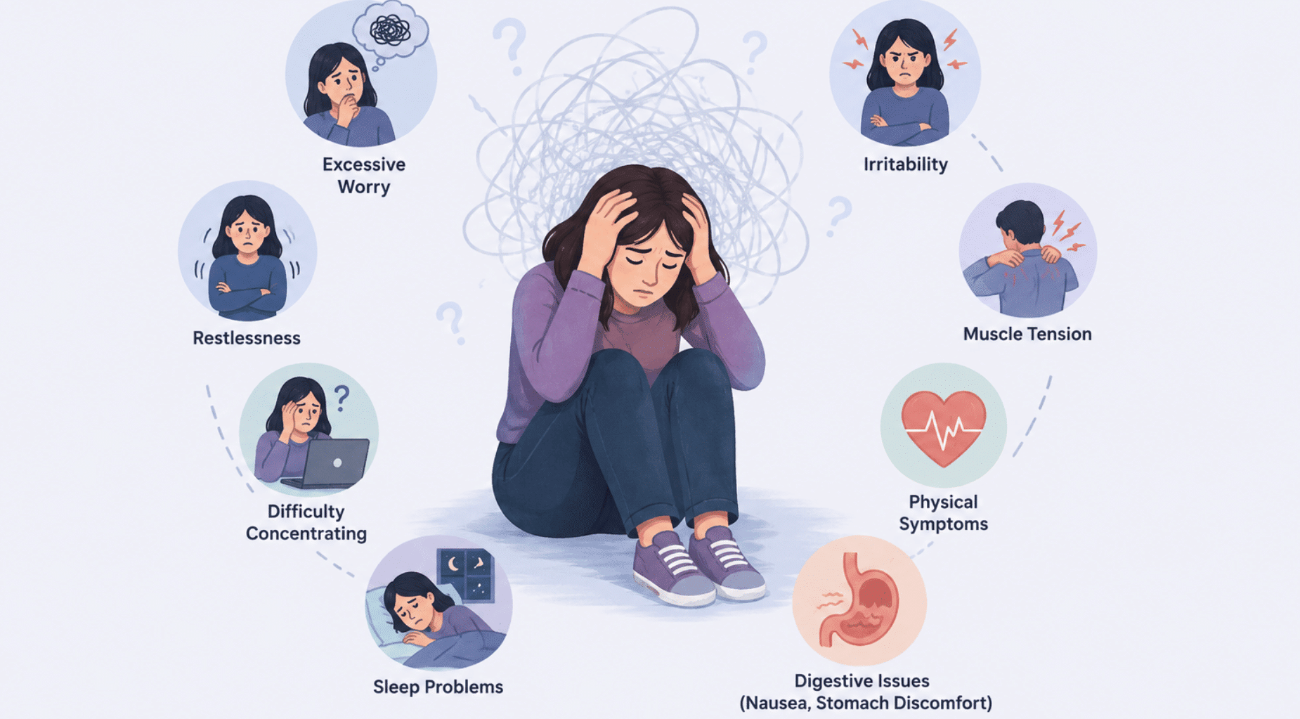 an illustration showing symptoms of unspecified anxiety disorder