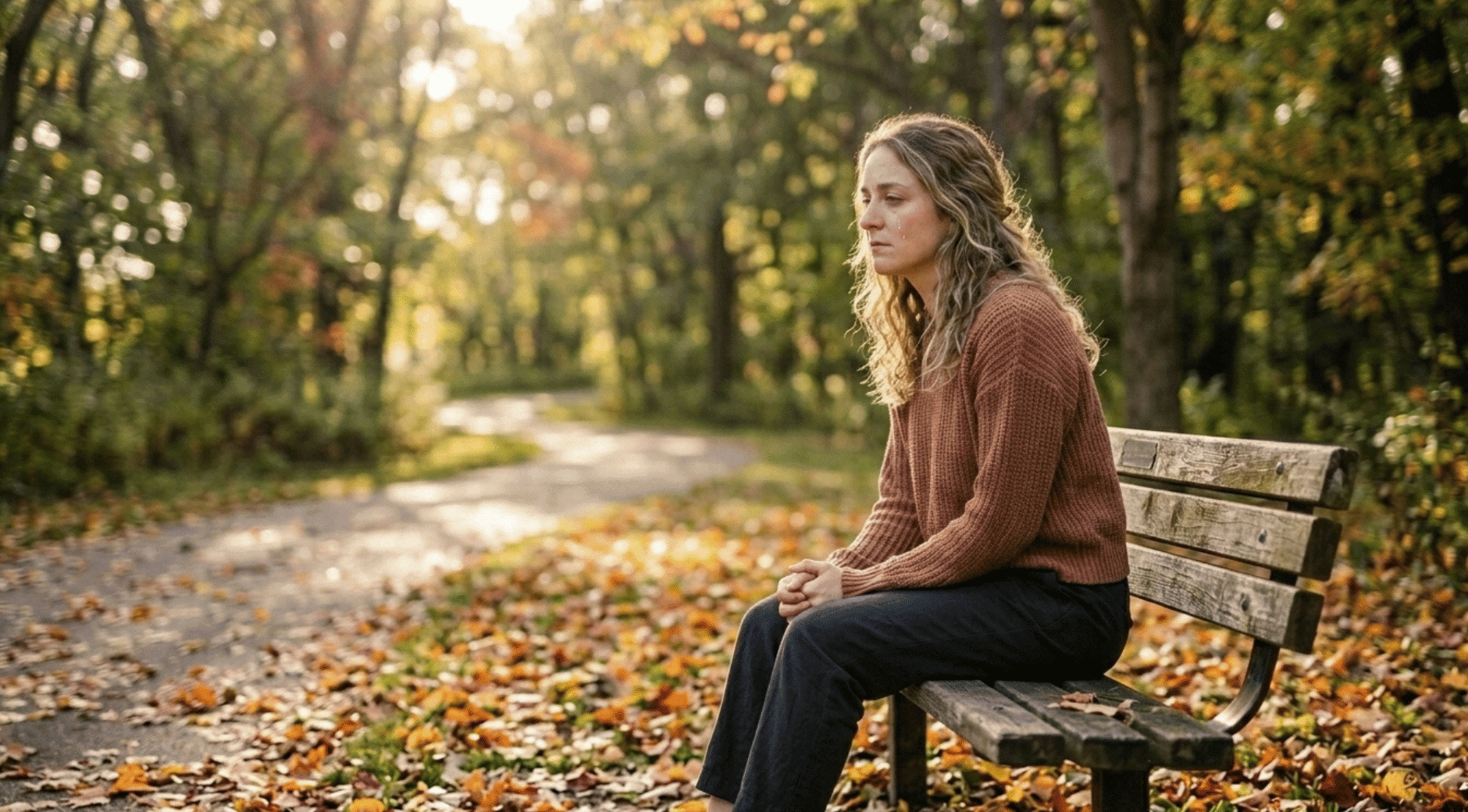 woman sitting alone on a park bench in autumn, reflecting on the factors that affect how long it takes to get over a breakup