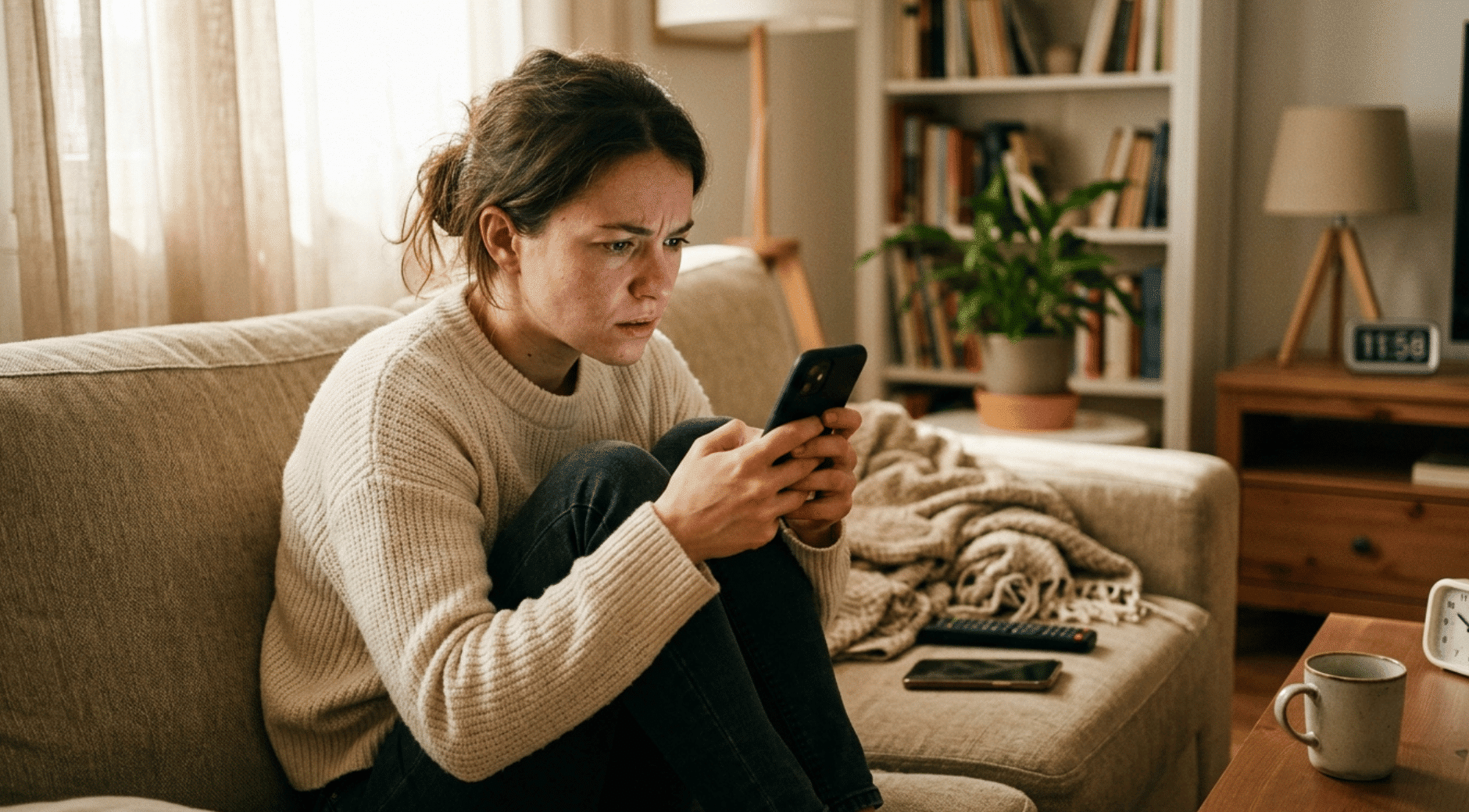 woman anxiously checking her phone, showing common signs of clingy behavior