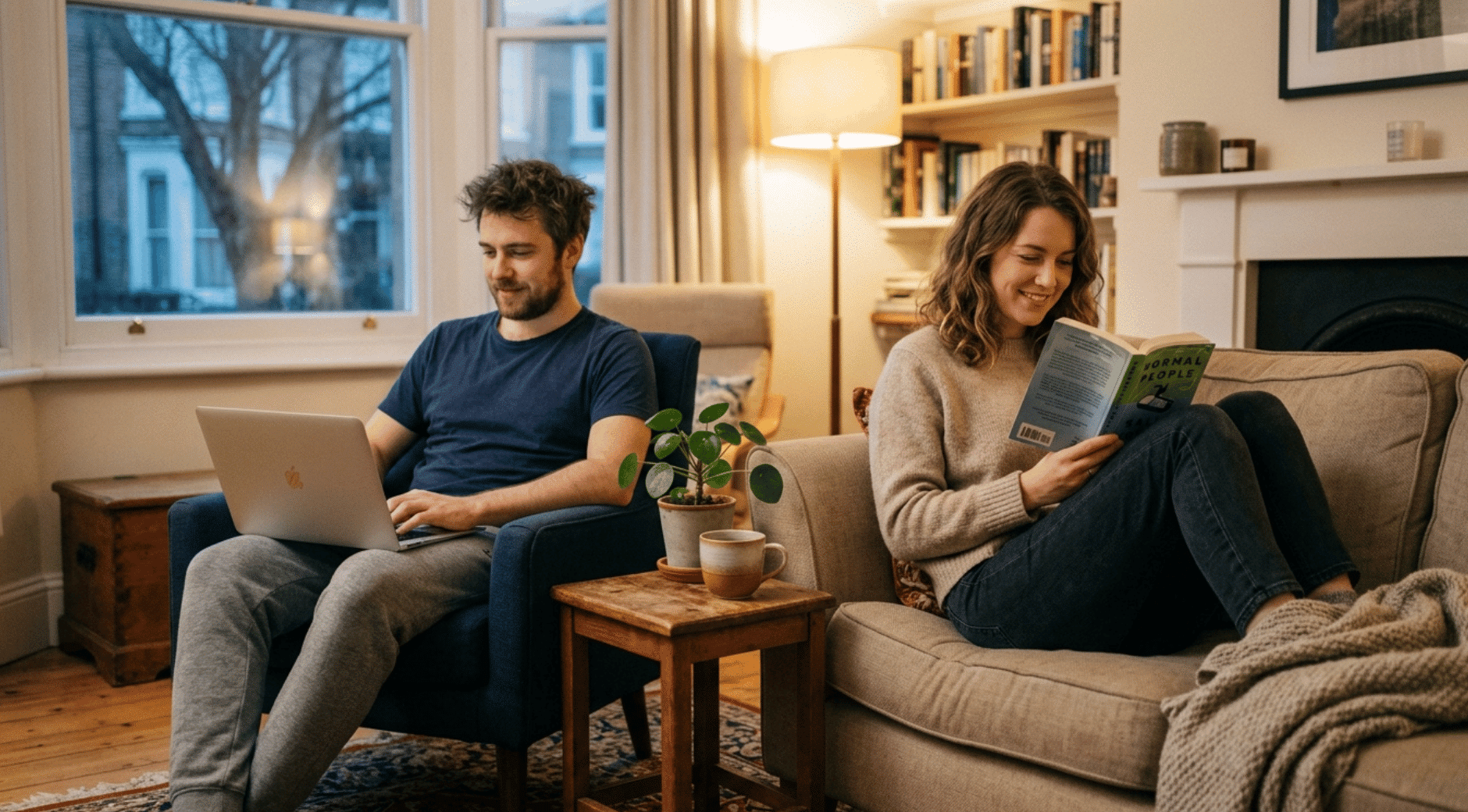 relaxed couple enjoying separate hobbies, learning how to stop being clingy
