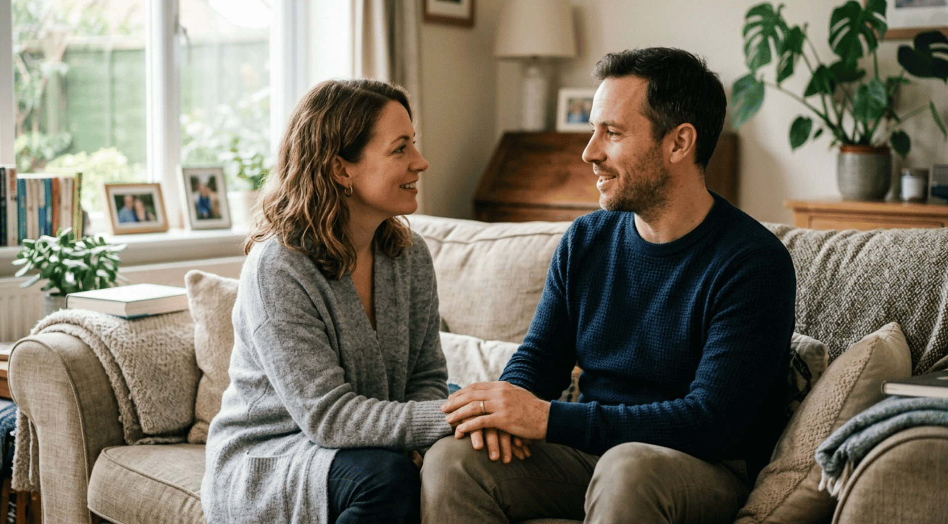 couple sitting close together on a cozy living room couch