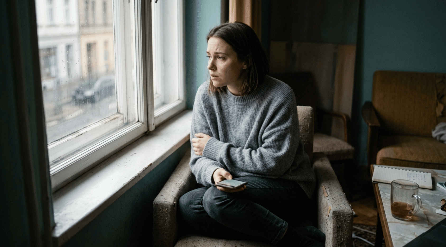 woman sitting alone by window looking anxious, showing signs of an abusive relationship