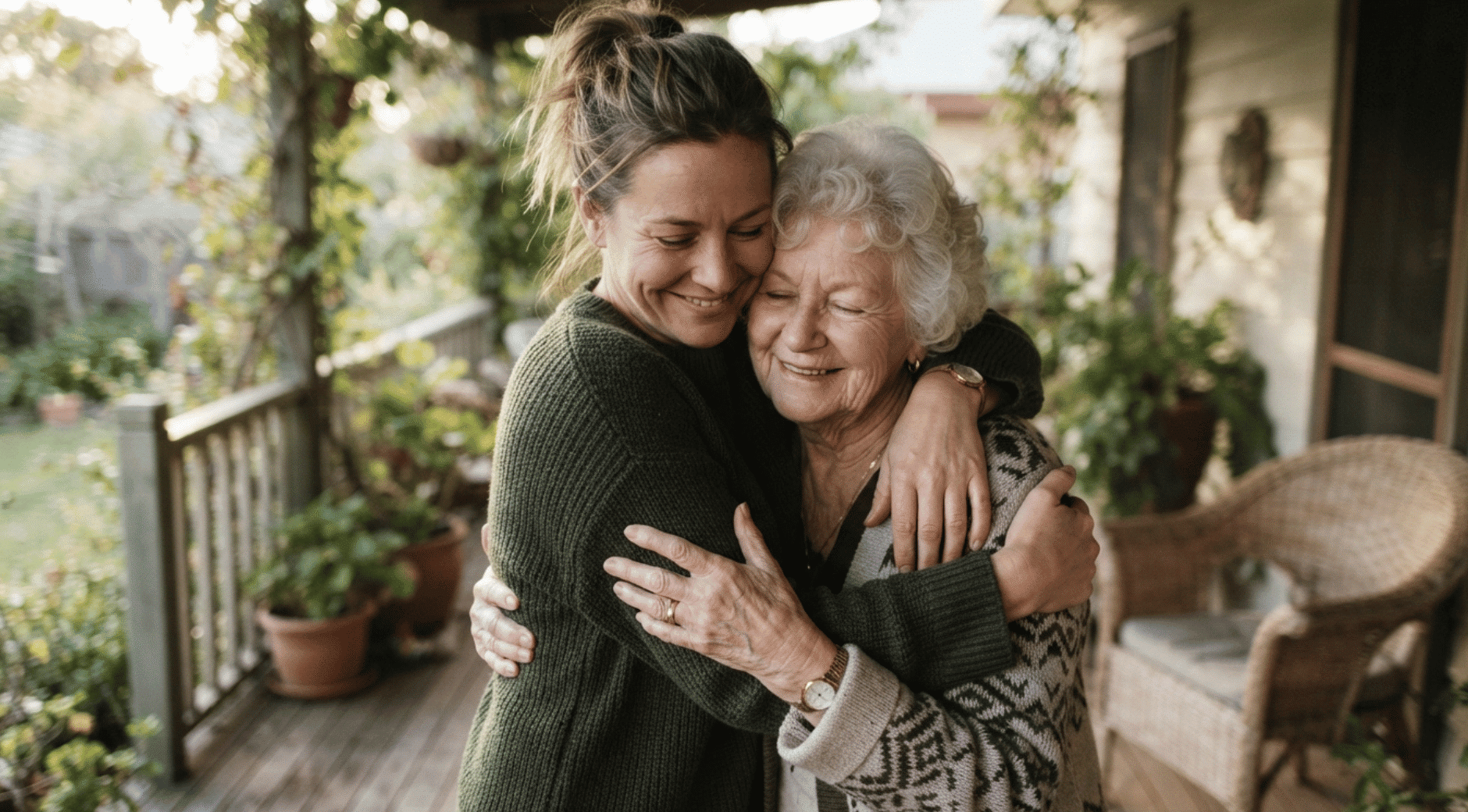 woman hugging her elderly mother warmly on a home porch