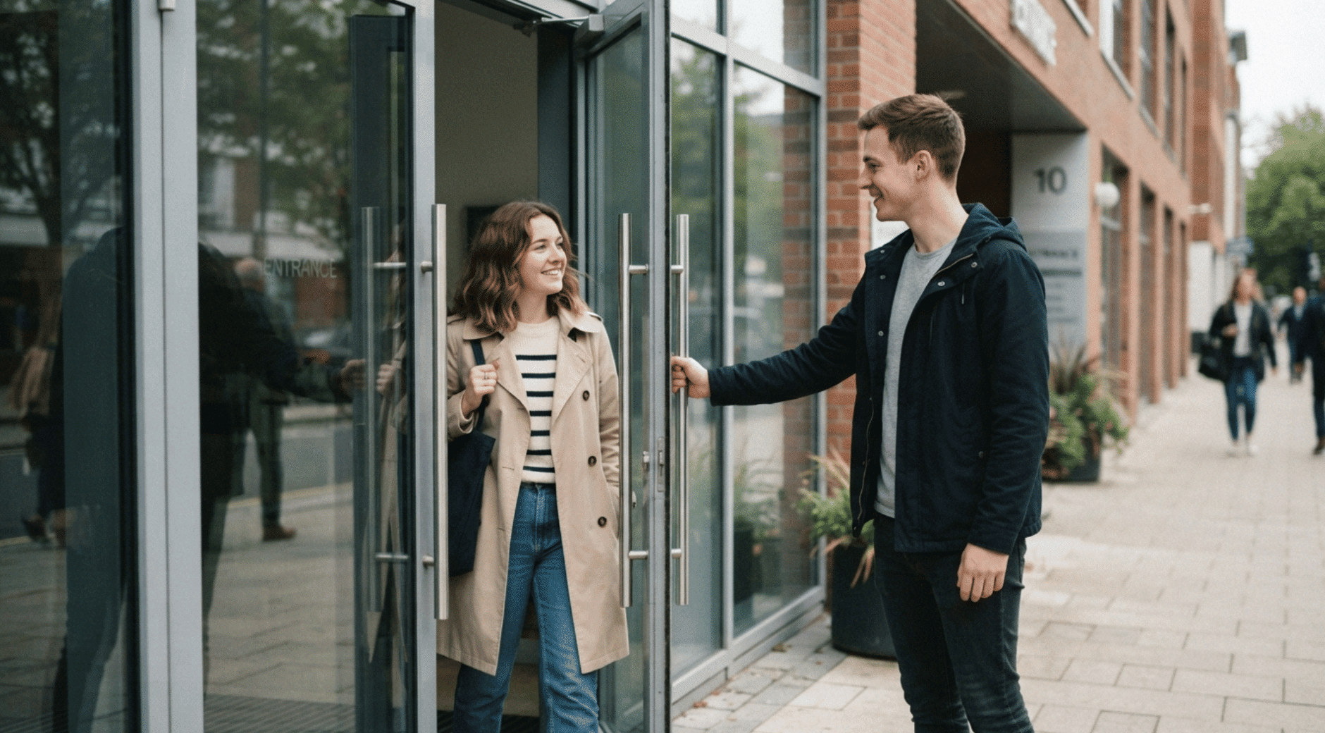 young man holding the door open for a woman
