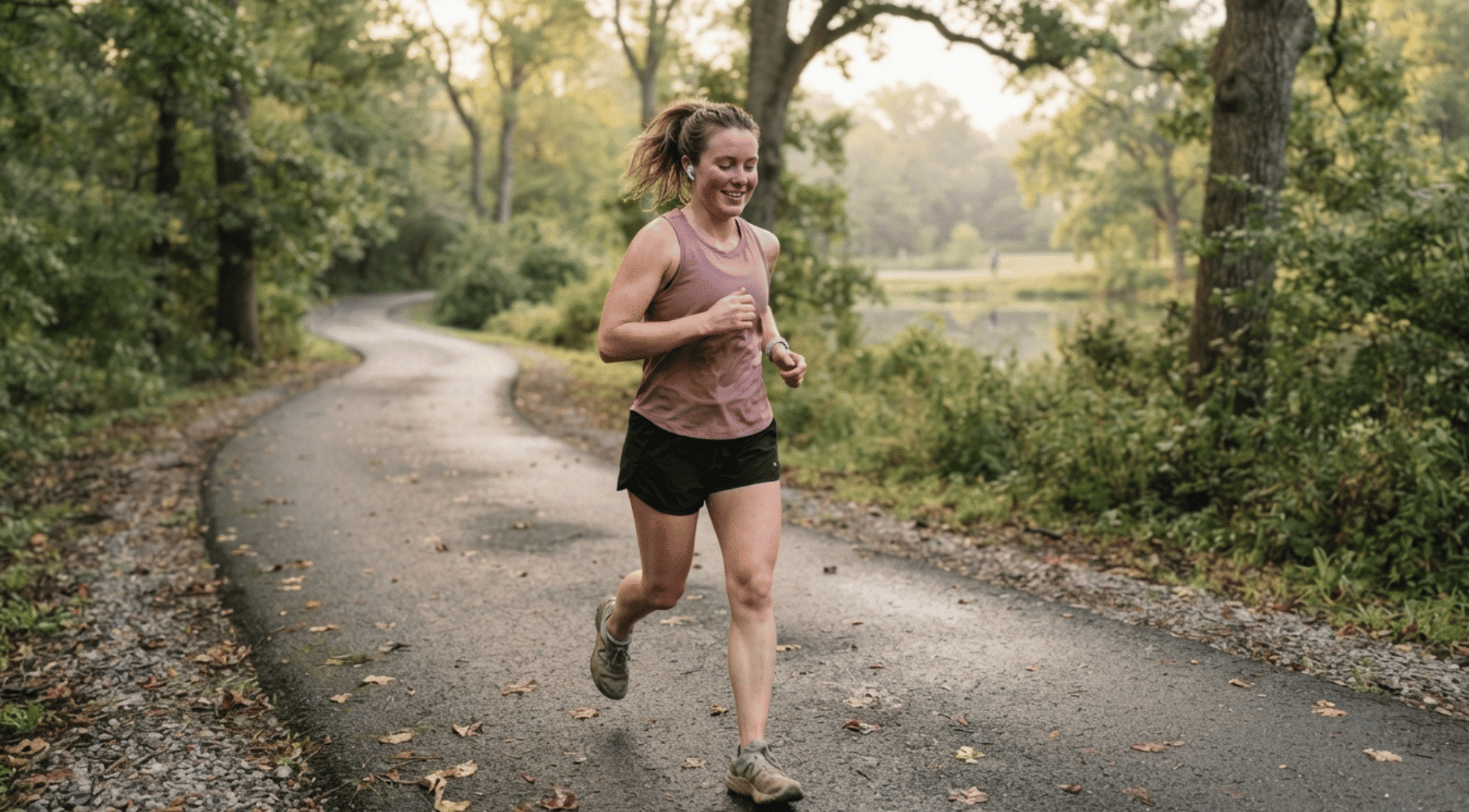 woman jogging happily on a wooded park path in the morning light
