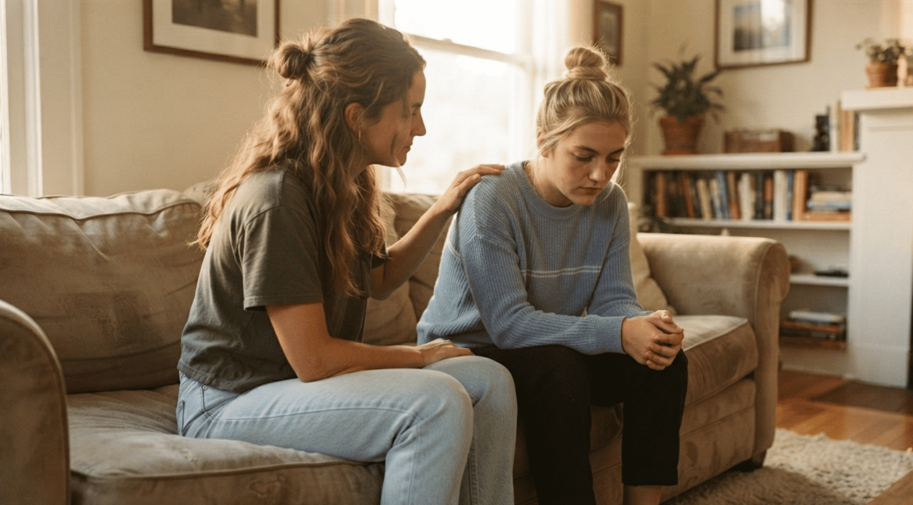 friend comforting a grieving friend seated together on a couch