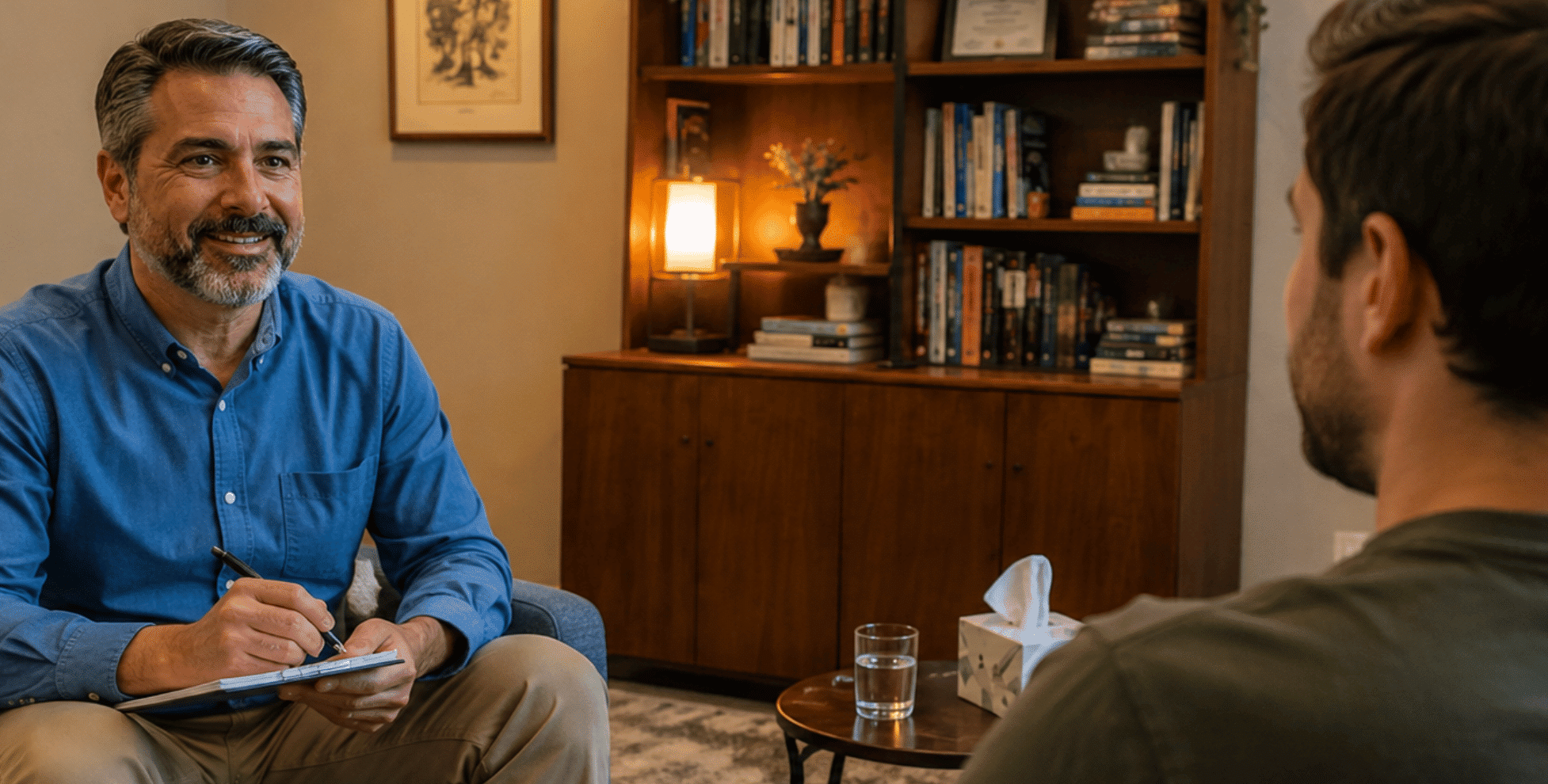licensed therapist smiling warmly while listening to a client during a private counseling session in a cozy office