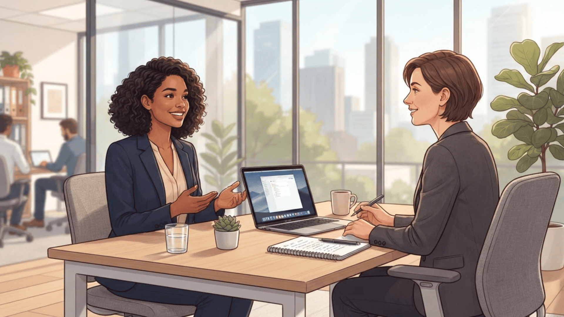 illustration of a job interview with two people discussing across an office desk with a laptop