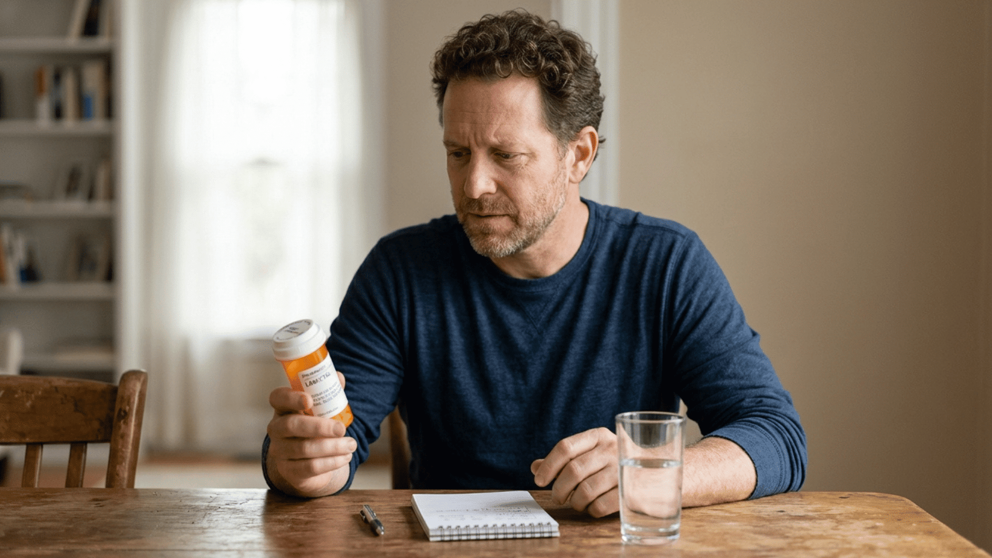 man holding lamictal prescription bottle while considering medication withdrawal and tapering plan