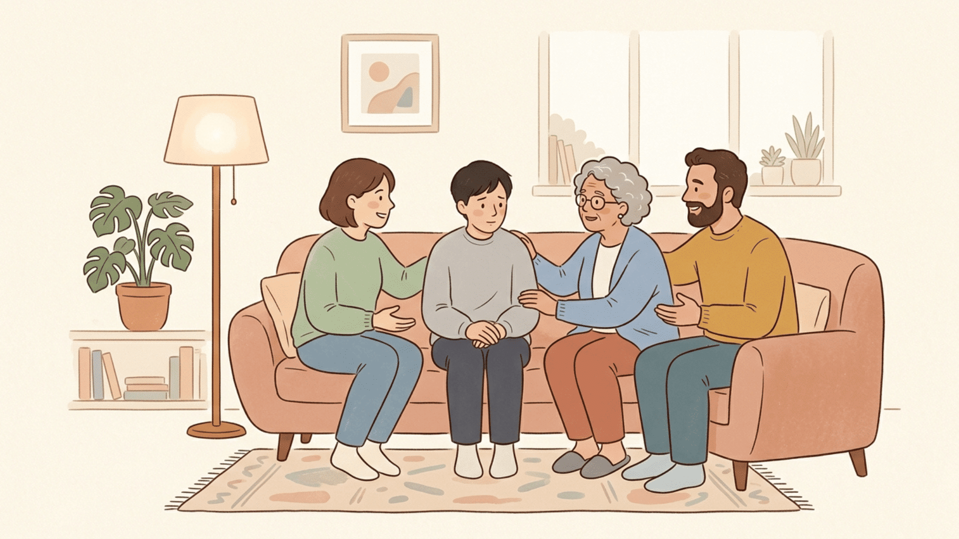 illustration of a family sitting together on a couch, offering comfort and support to a child during a mental health intervention