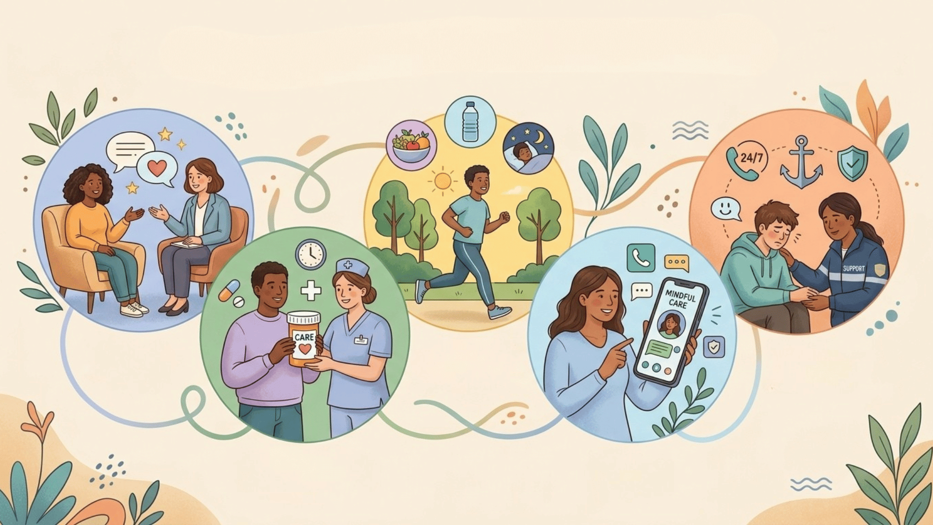 five <echighlighted><echighlighted><echighlighted><echighlighted>mental health interventions</echighlighted></echighlighted></echighlighted></echighlighted> shown through therapy, medication, lifestyle habits, digital support, and crisis care