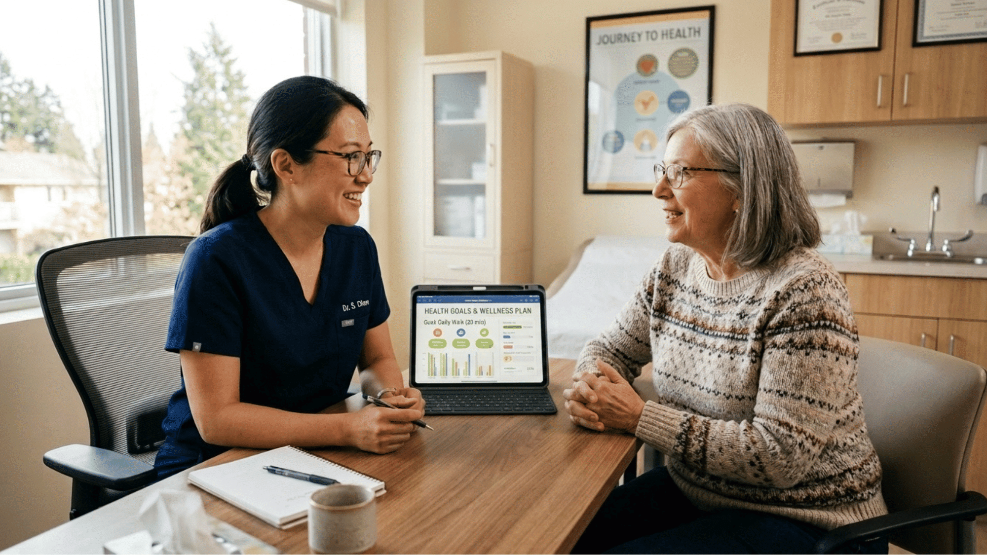 healthcare provider discussing health goals with an older patient during a supportive medical consultation