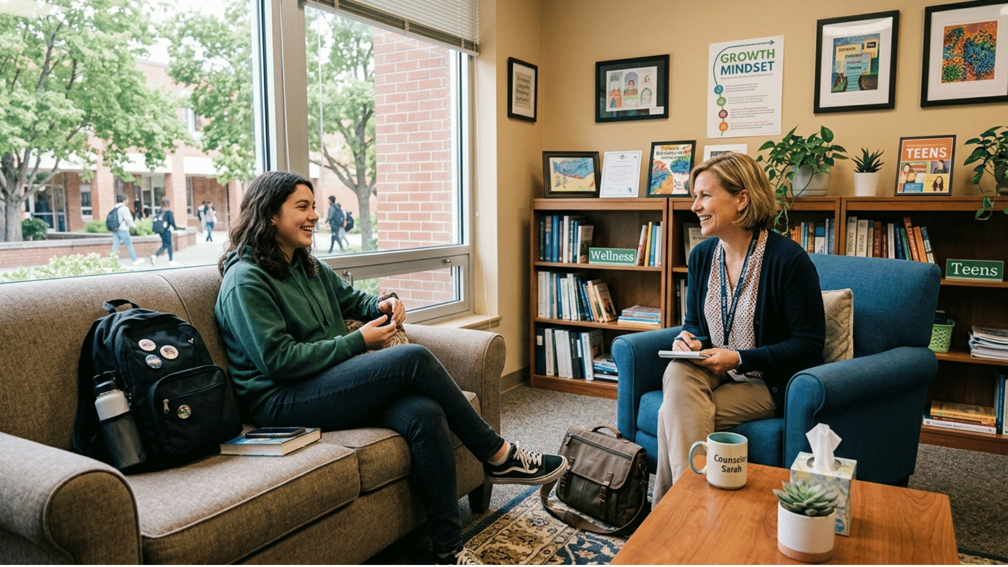 school counselor having a supportive conversation with a teenager in a welcoming counseling office
