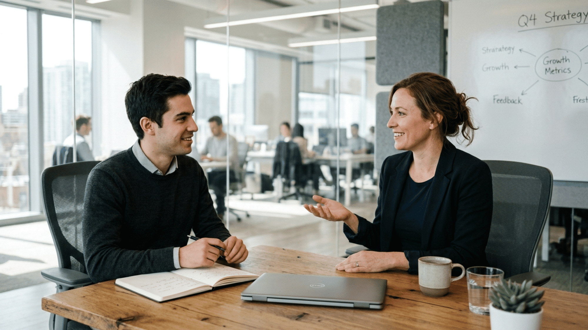 manager and employee discussing career goals during a supportive one on one coaching meeting