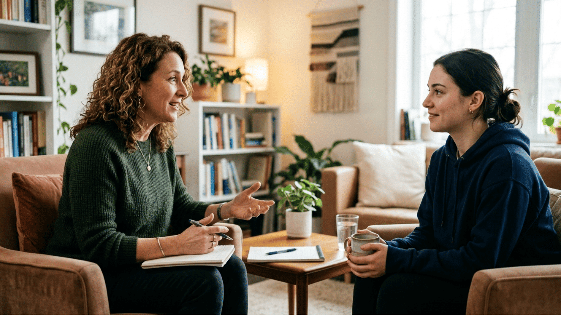 therapist and client having a supportive motivational interviewing session in a calm and welcoming counseling office.