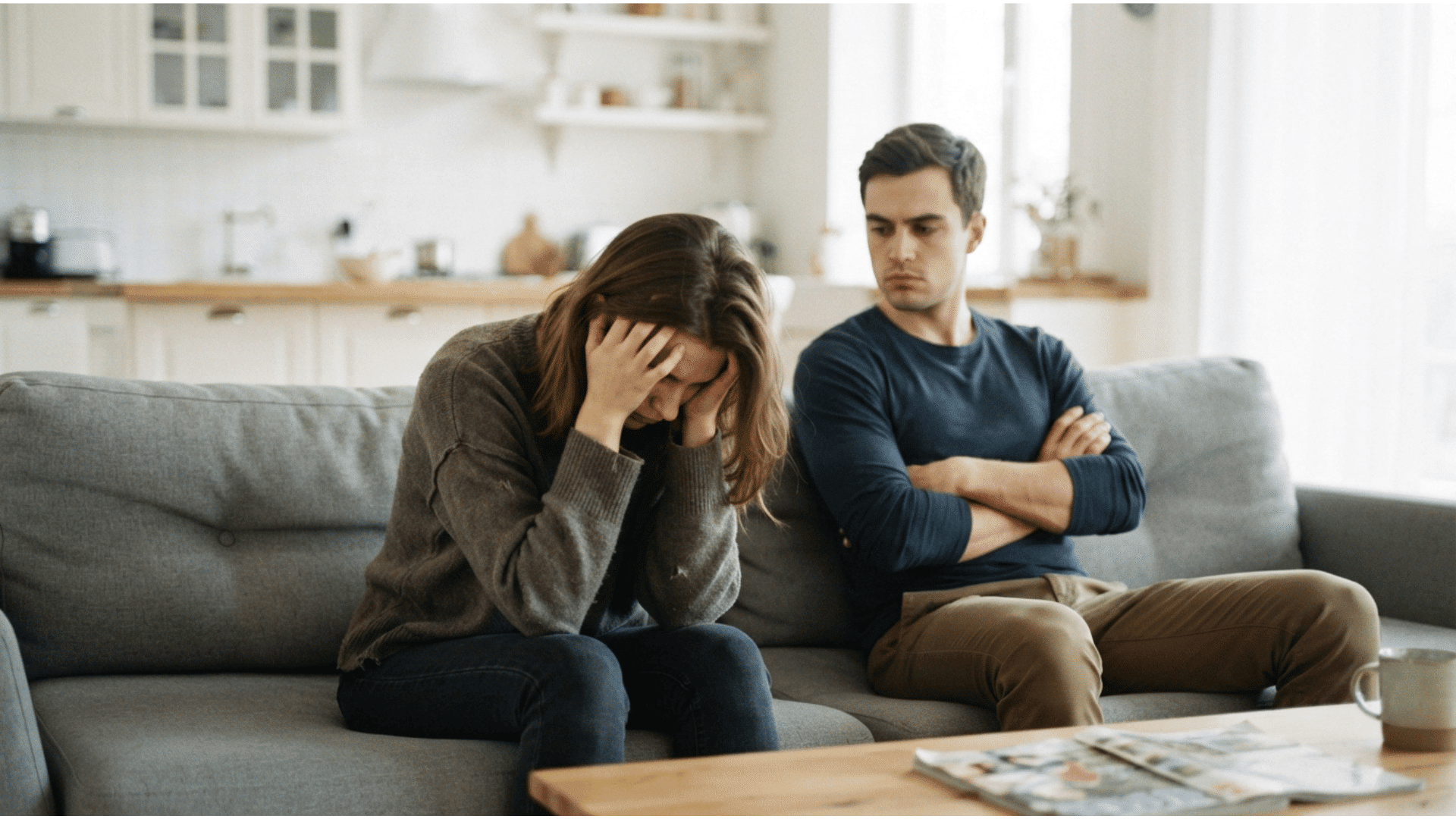 woman looking distressed while partner sits distant with arms crossed