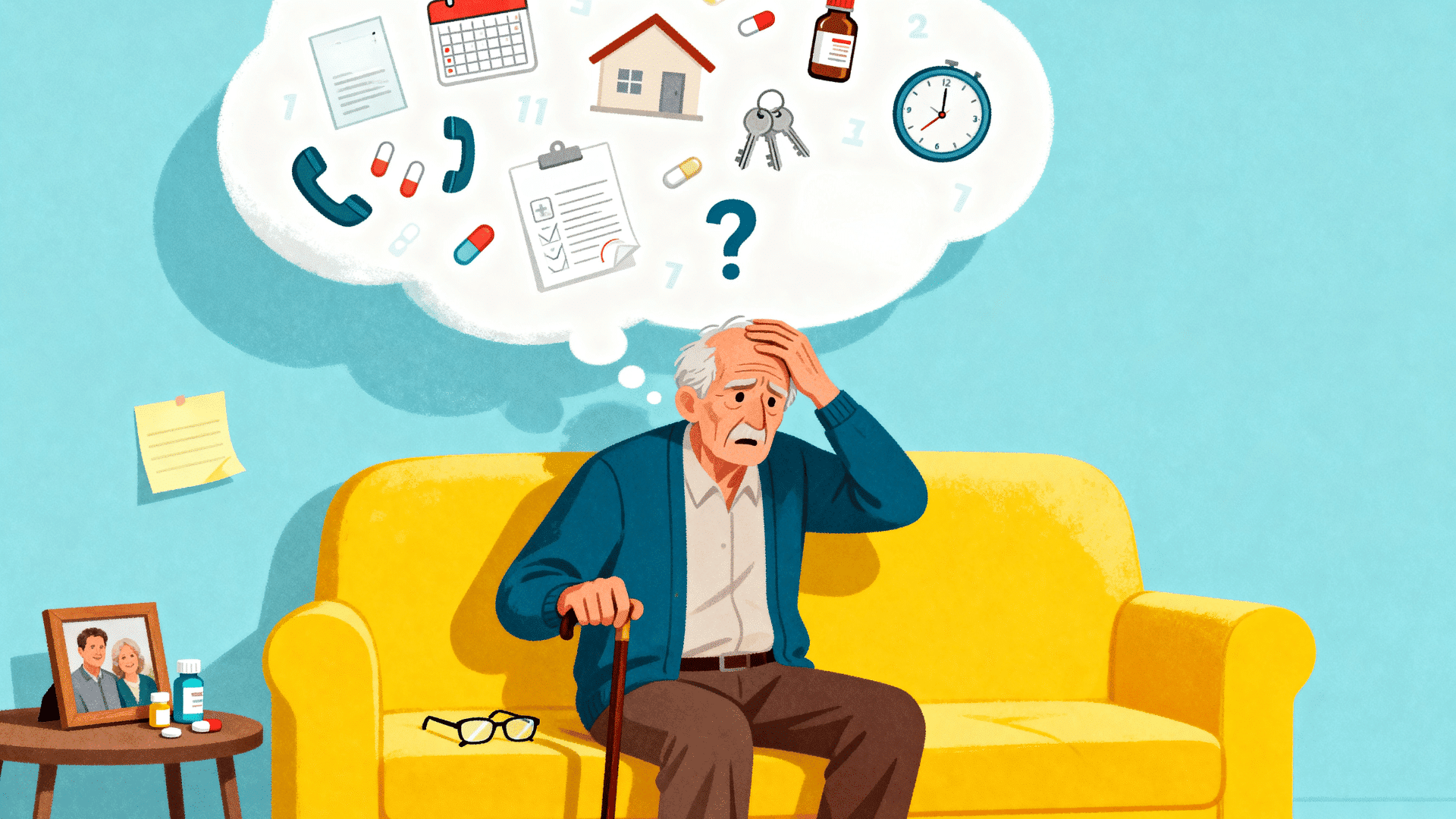 elderly man sitting on a yellow couch, looking confused, with a thought bubble showing bills, medicine, dates, numbers, and reminder icons