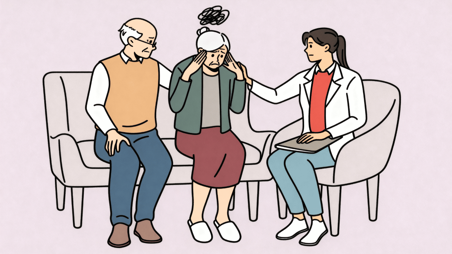 family and doctor supporting an elderly woman showing signs of major neurocognitive disorder during a medical consultation