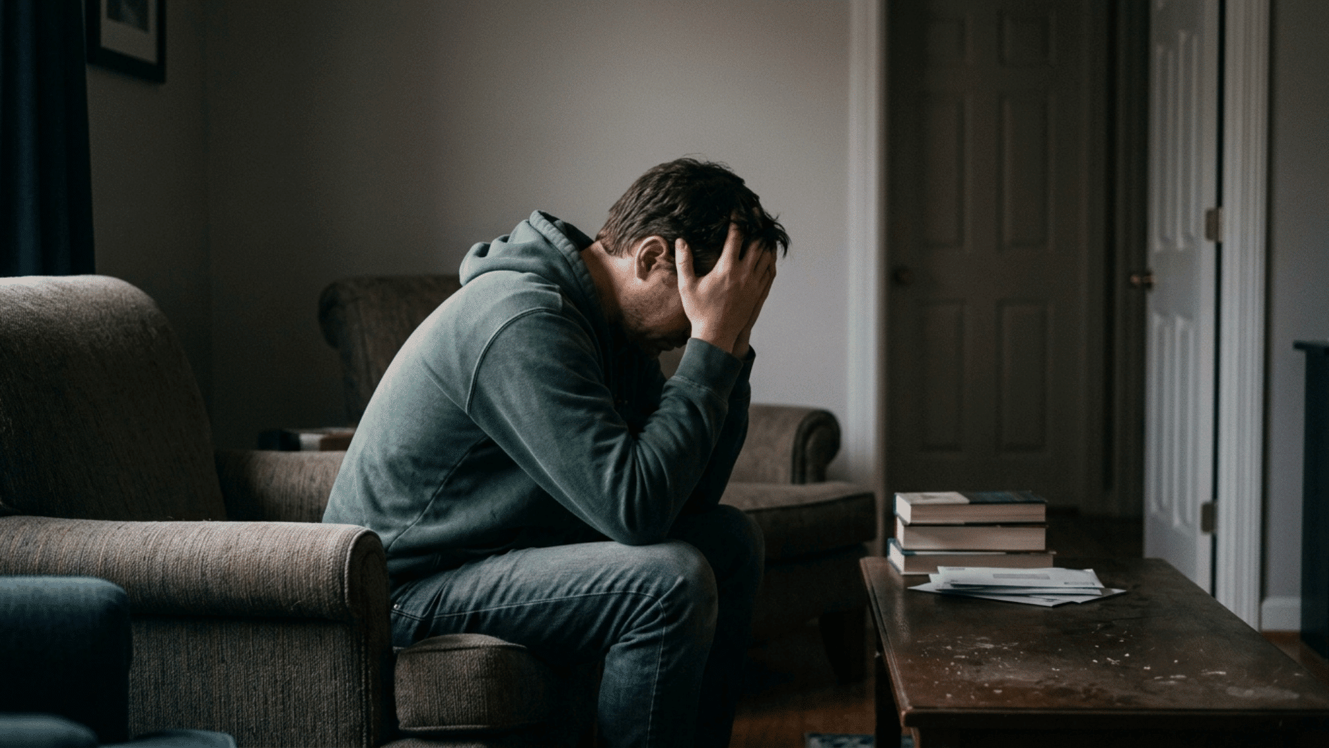 a man sits alone in a dim room with their face hidden, conveying the isolation and emotional strain of untreated OCD