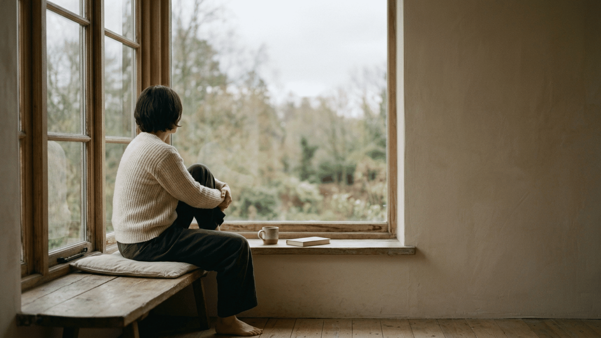 a woman sits alone by a sunlit window, viewed from behind with their face not visible, gazing quietly outside in a calm, contemplative moment