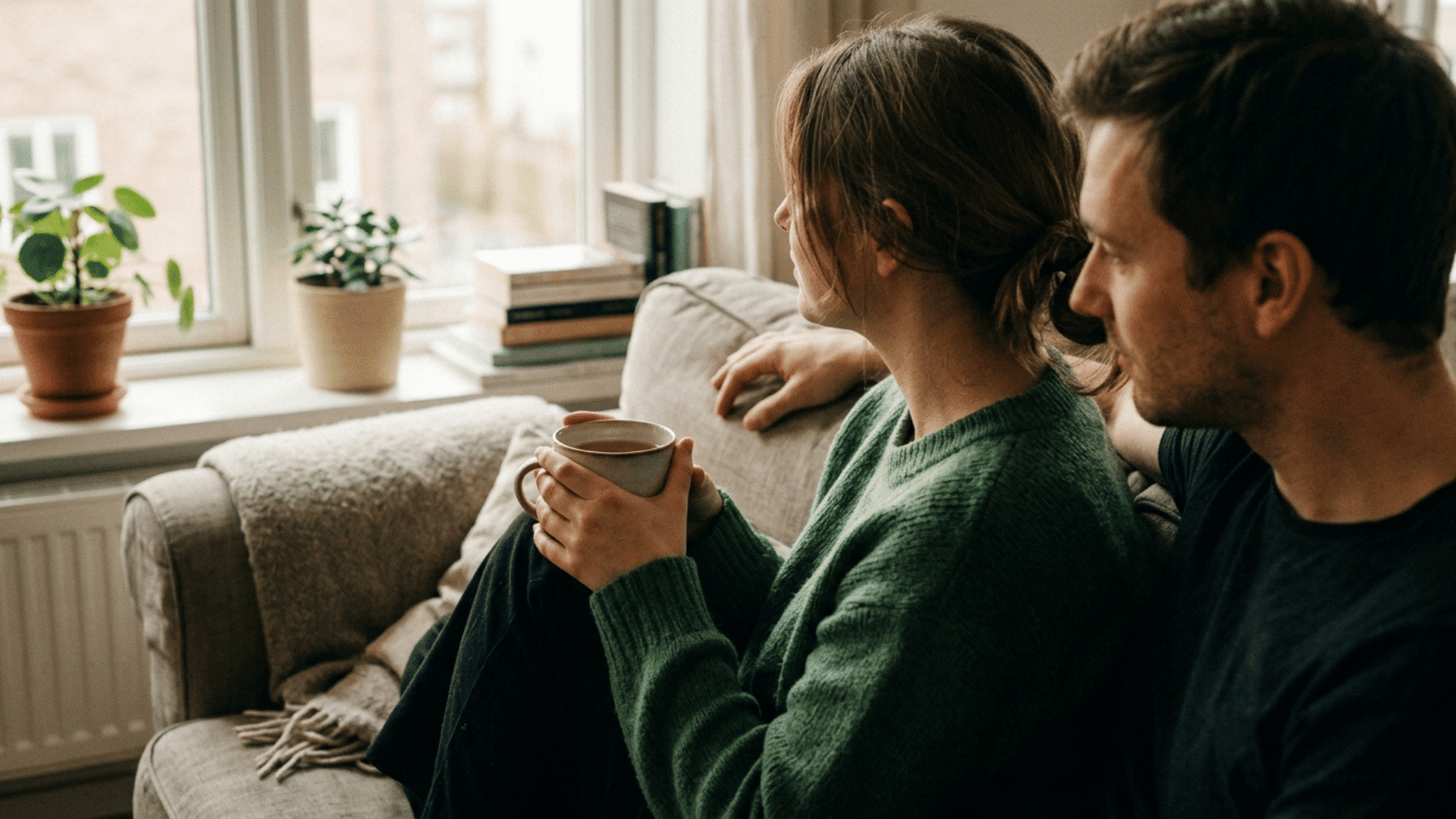 two people sit together in a calm everyday setting, with one person offering quiet support as the other appears more relaxed after OCD treatment