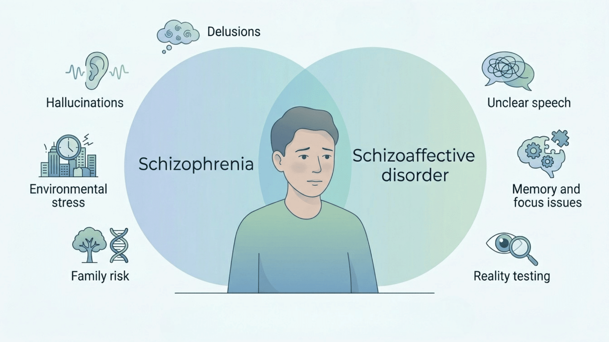 overlapping symptoms and shared risk factors between schizophrenia and schizoaffective disorder shown visually
