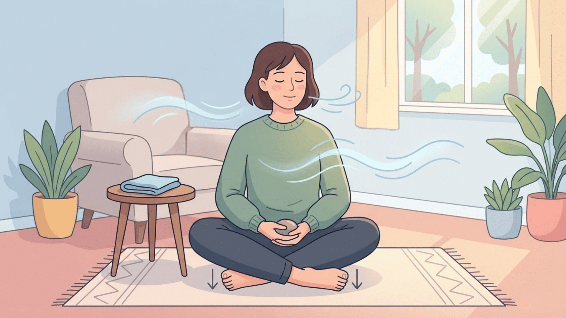 person sitting cross-legged and practicing a grounding technique in a calm, sunlit room