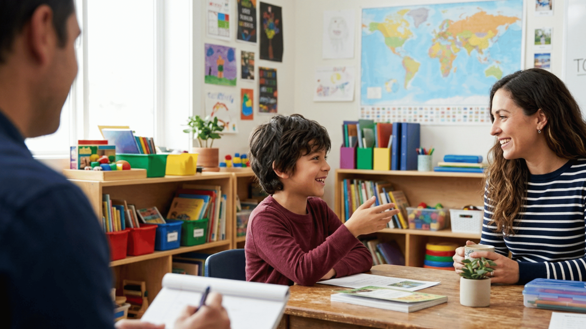 a smiling boy talks to a woman at a classroom table while a teacher in the foreground takes notes on a pad