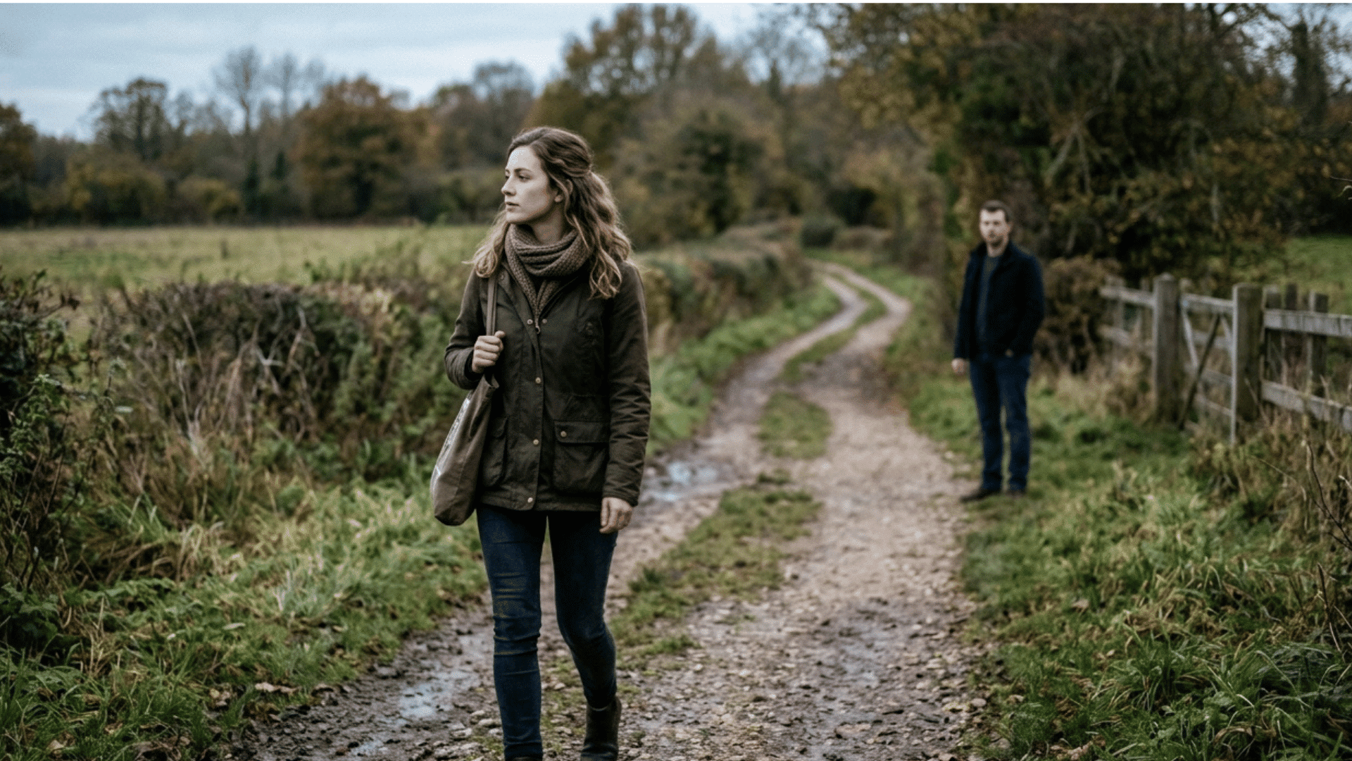 woman walking away from her partner on a quiet path, looking sad but moving on