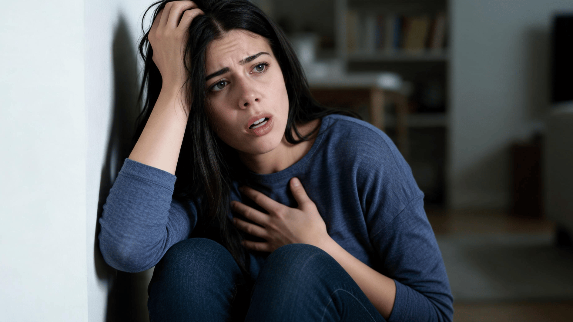 person experiencing panic attack symptoms of heart pain and rapid heartbeat without losing consciousness