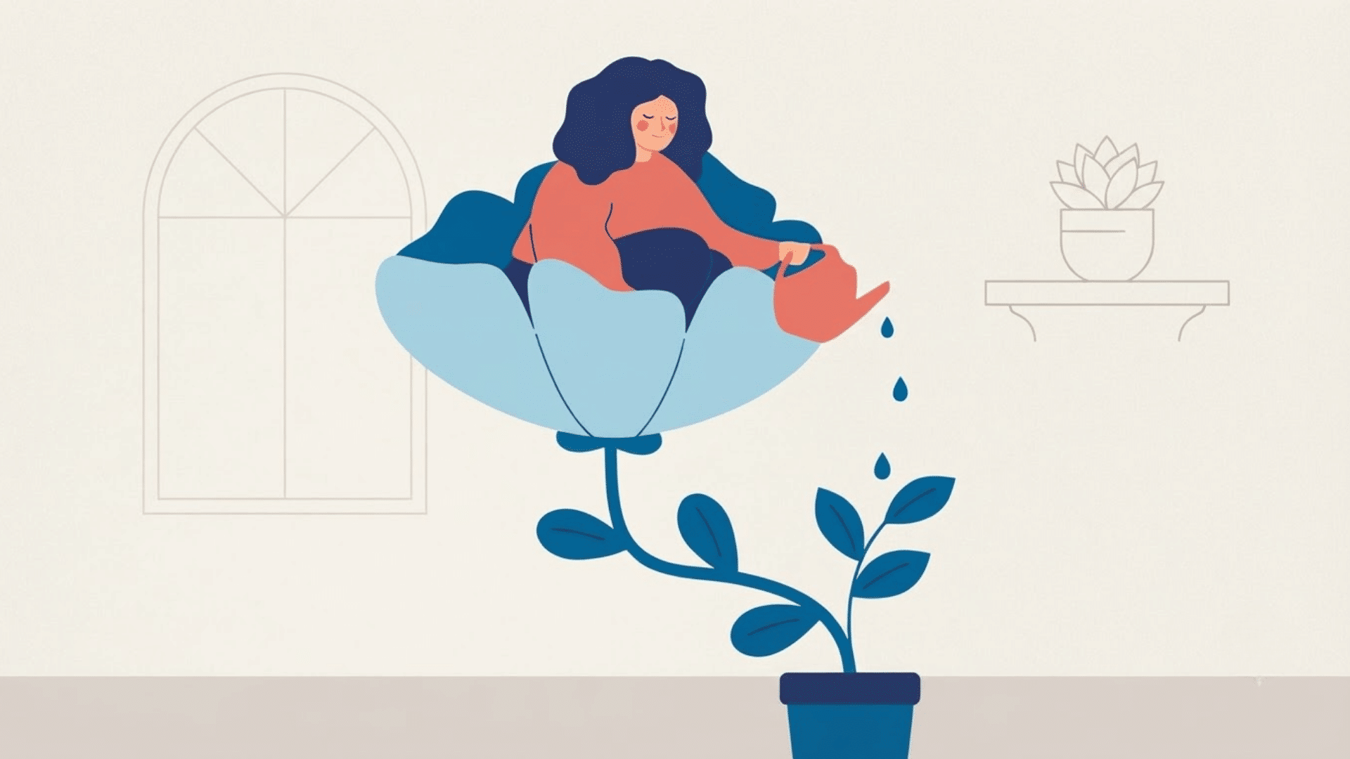 illustration of a person sitting alone on a chair with a drooping plant showing a sad mood
