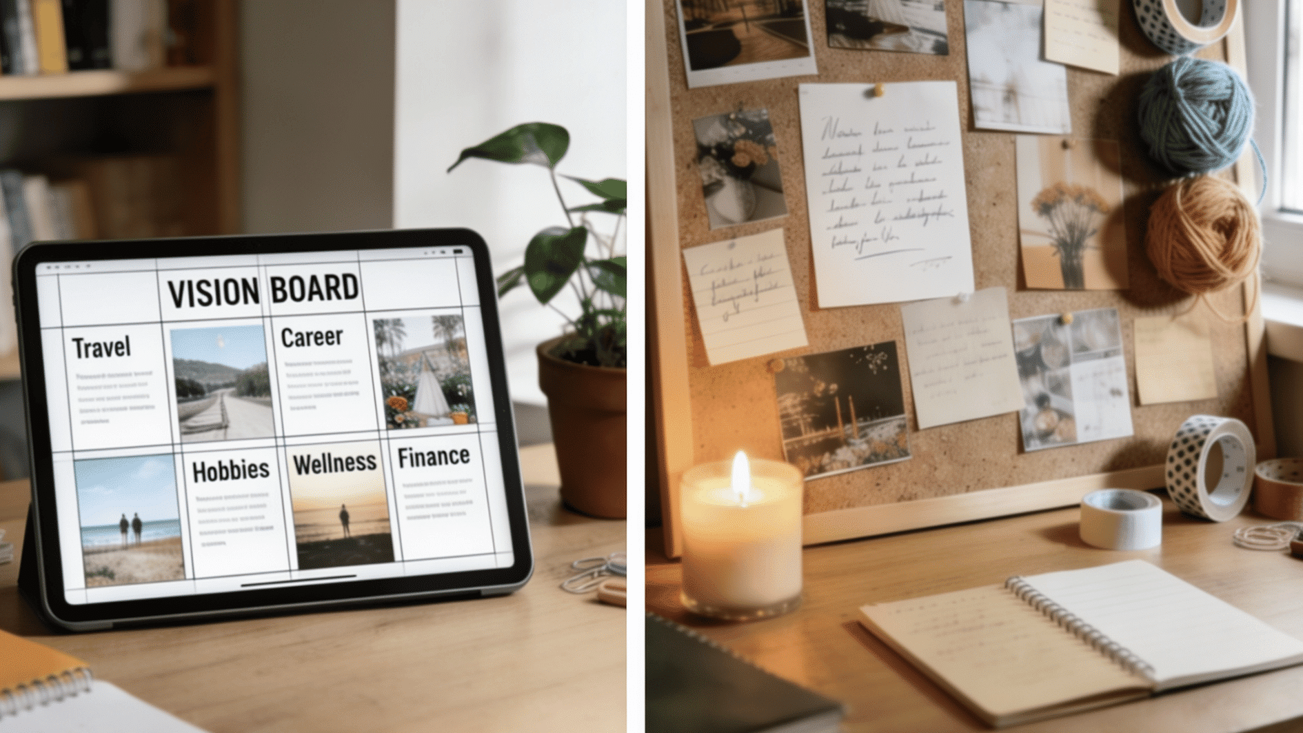 split image comparing a digital vision board on a tablet and a physical corkboard vision board