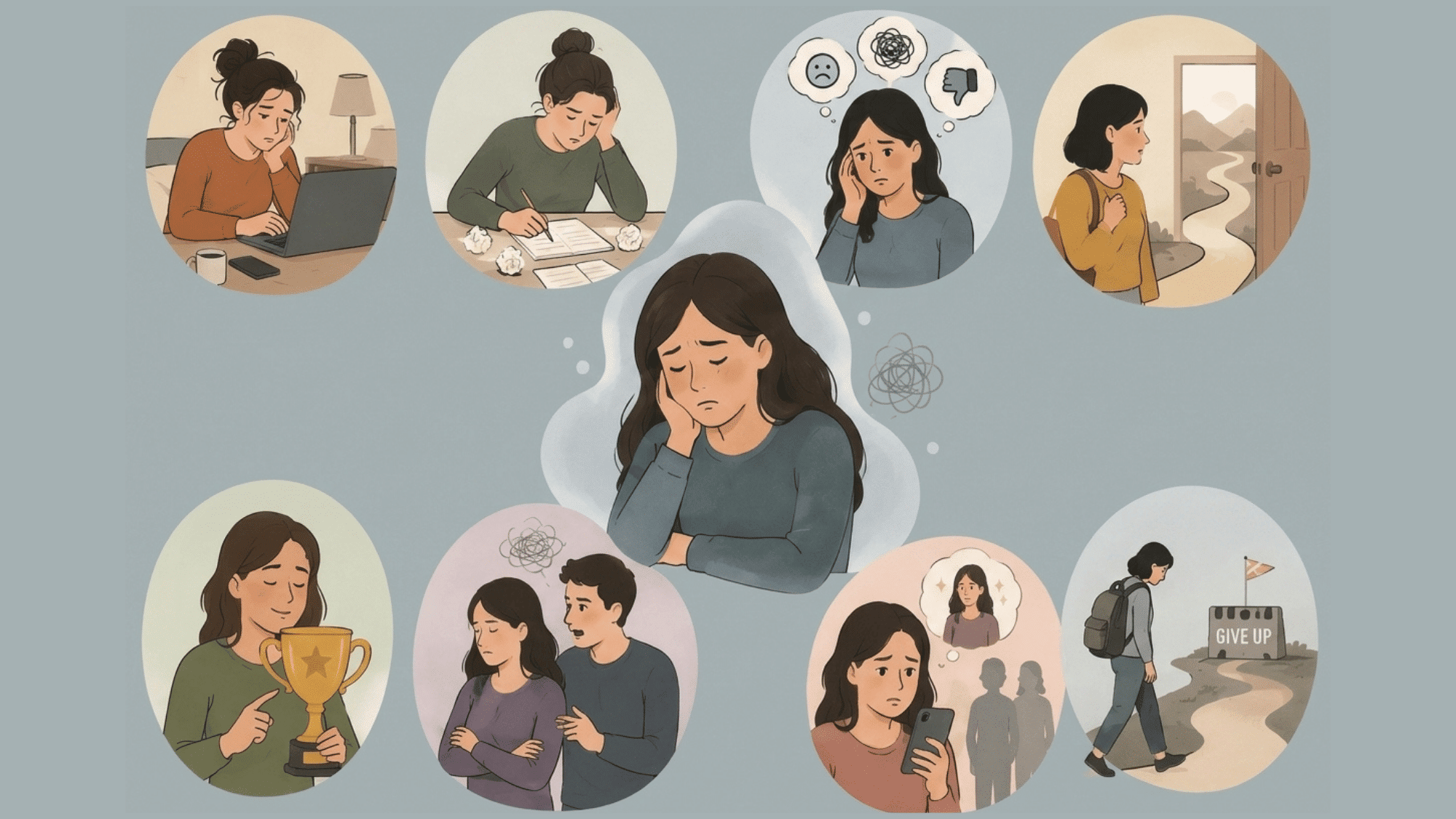 illustration showing common signs of <echighlighted>self sabotaging behavior</echighlighted> with central person surrounded by everyday habit scenarios