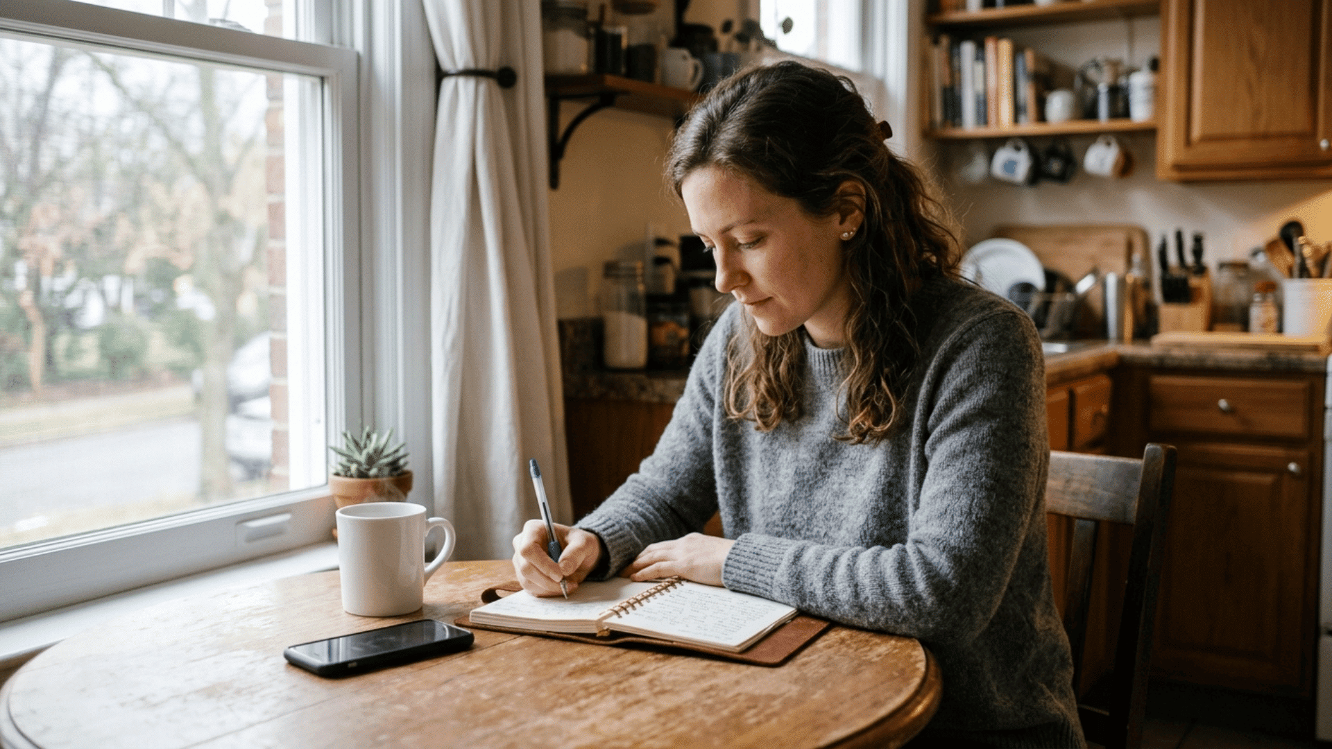 person writing morning intention in notebook with coffee nearby