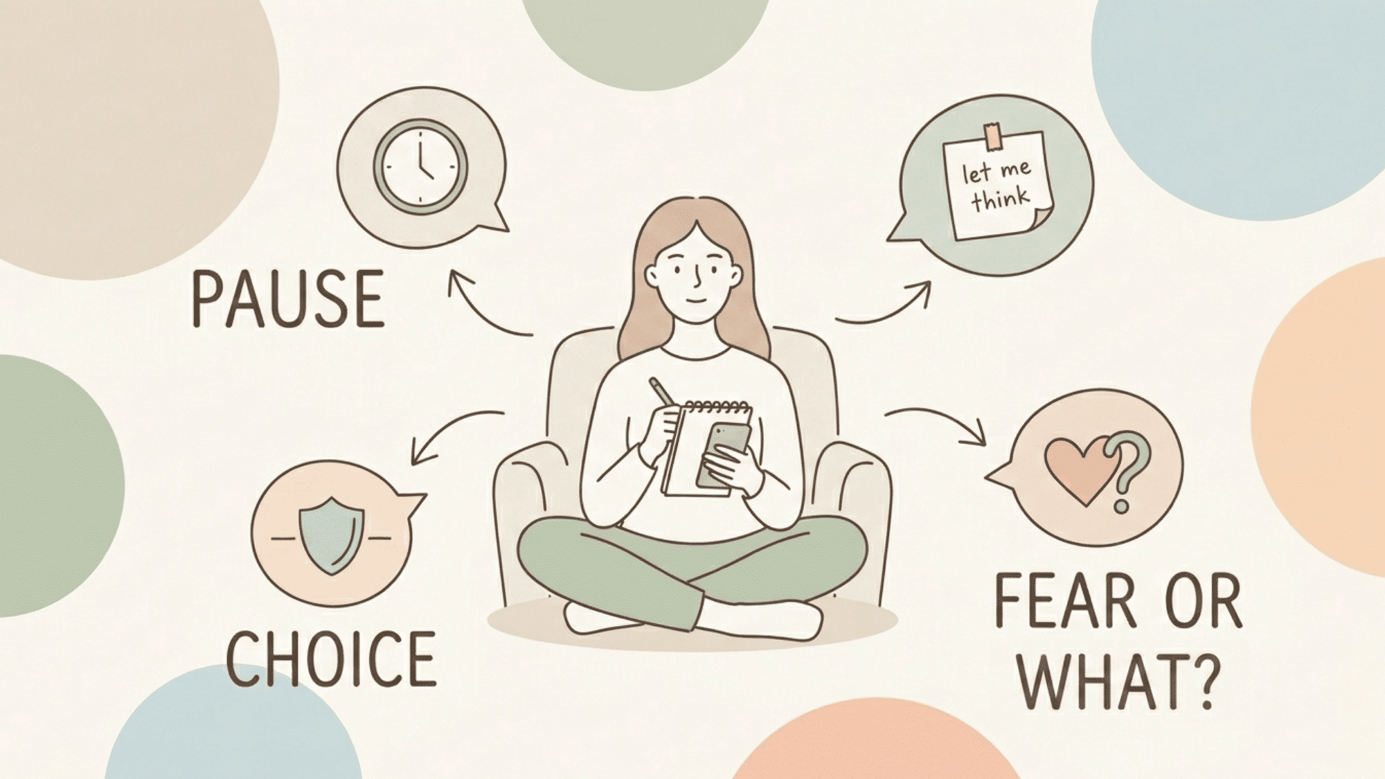 minimal illustration showing person pausing before responding with icons for time choice and self reflection around them