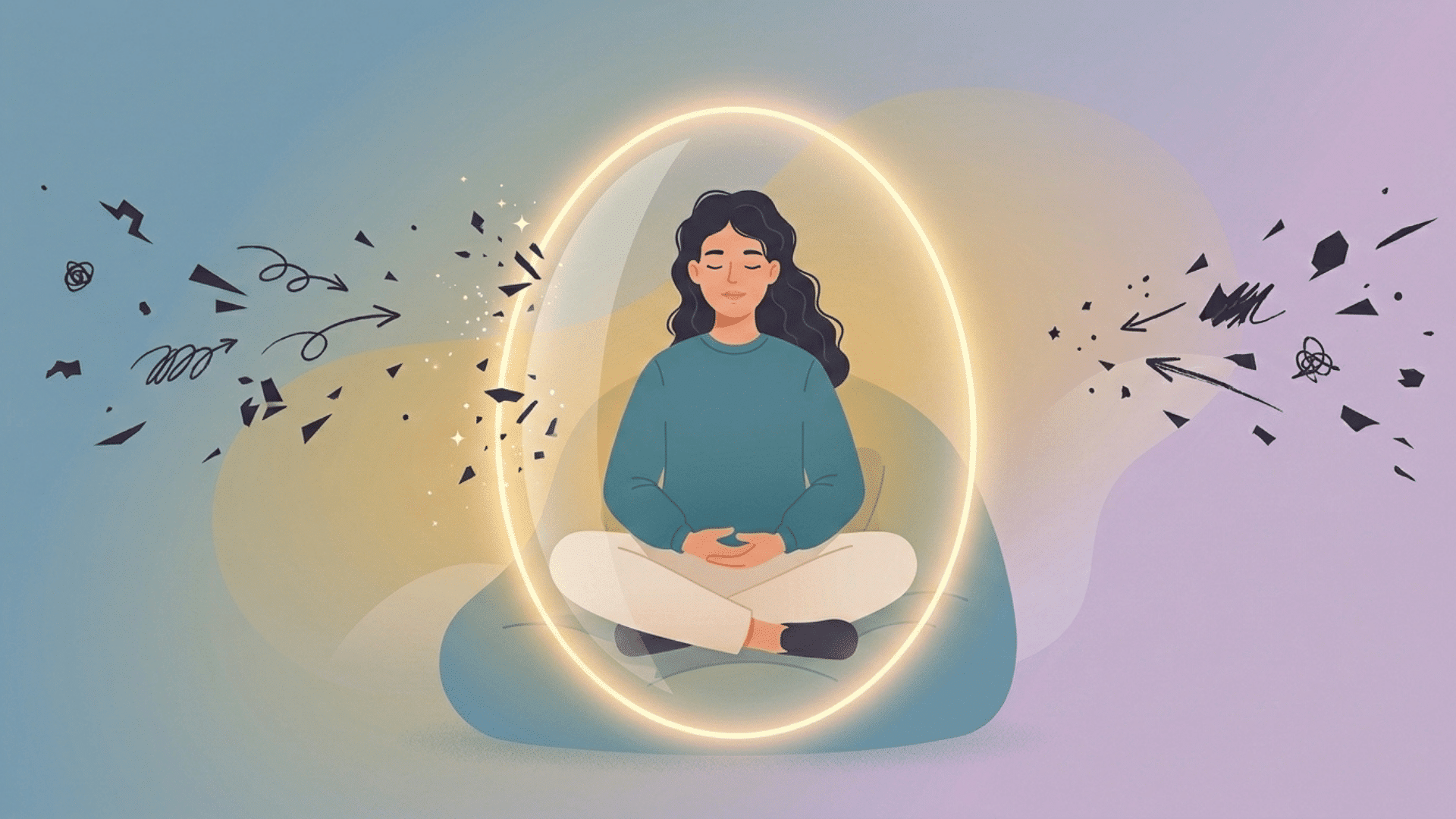 illustration of a woman meditating inside a glowing shield blocking out negativity