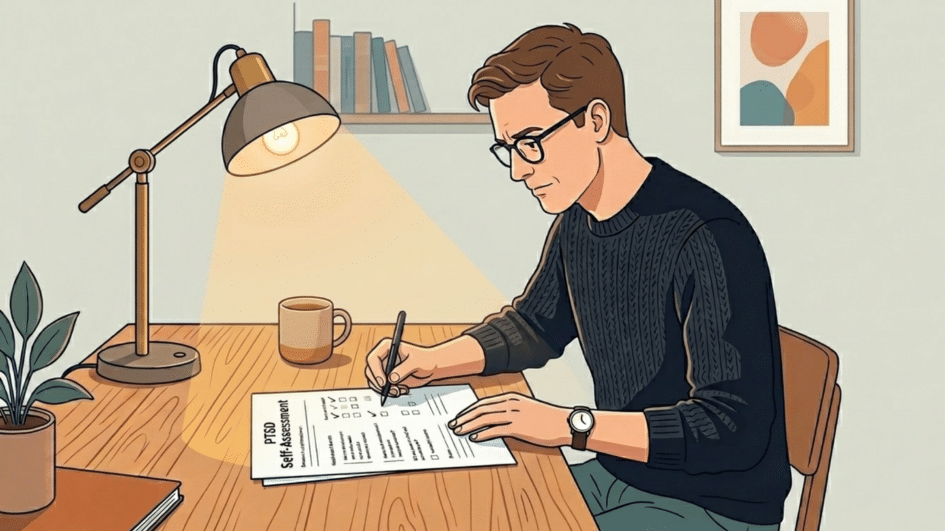 a man completing a PTSD test to self-assess his mental health symptoms