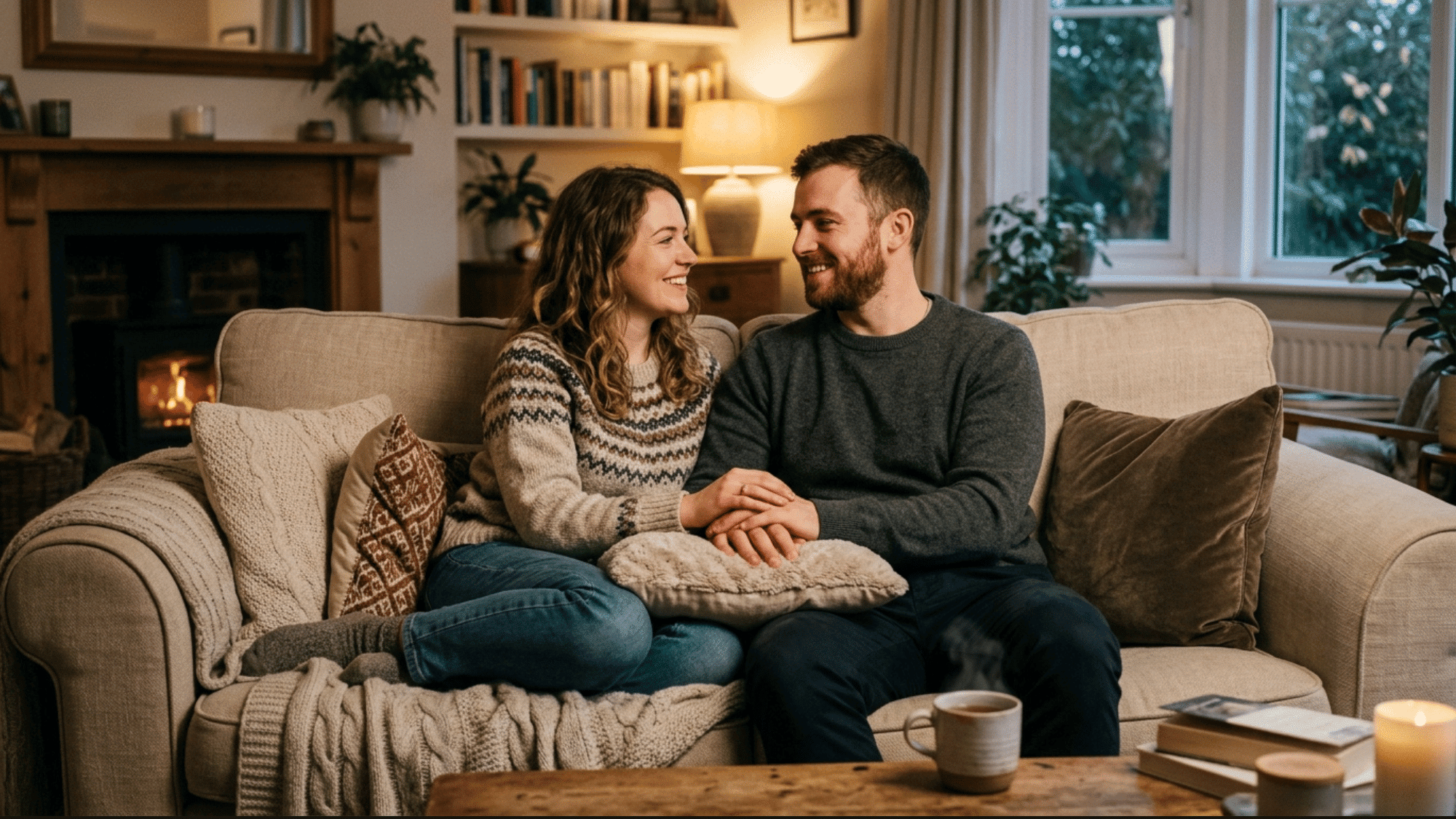 couple smiling warmly while holding hands together on a cozy living room sofa beside a glowing fireplace