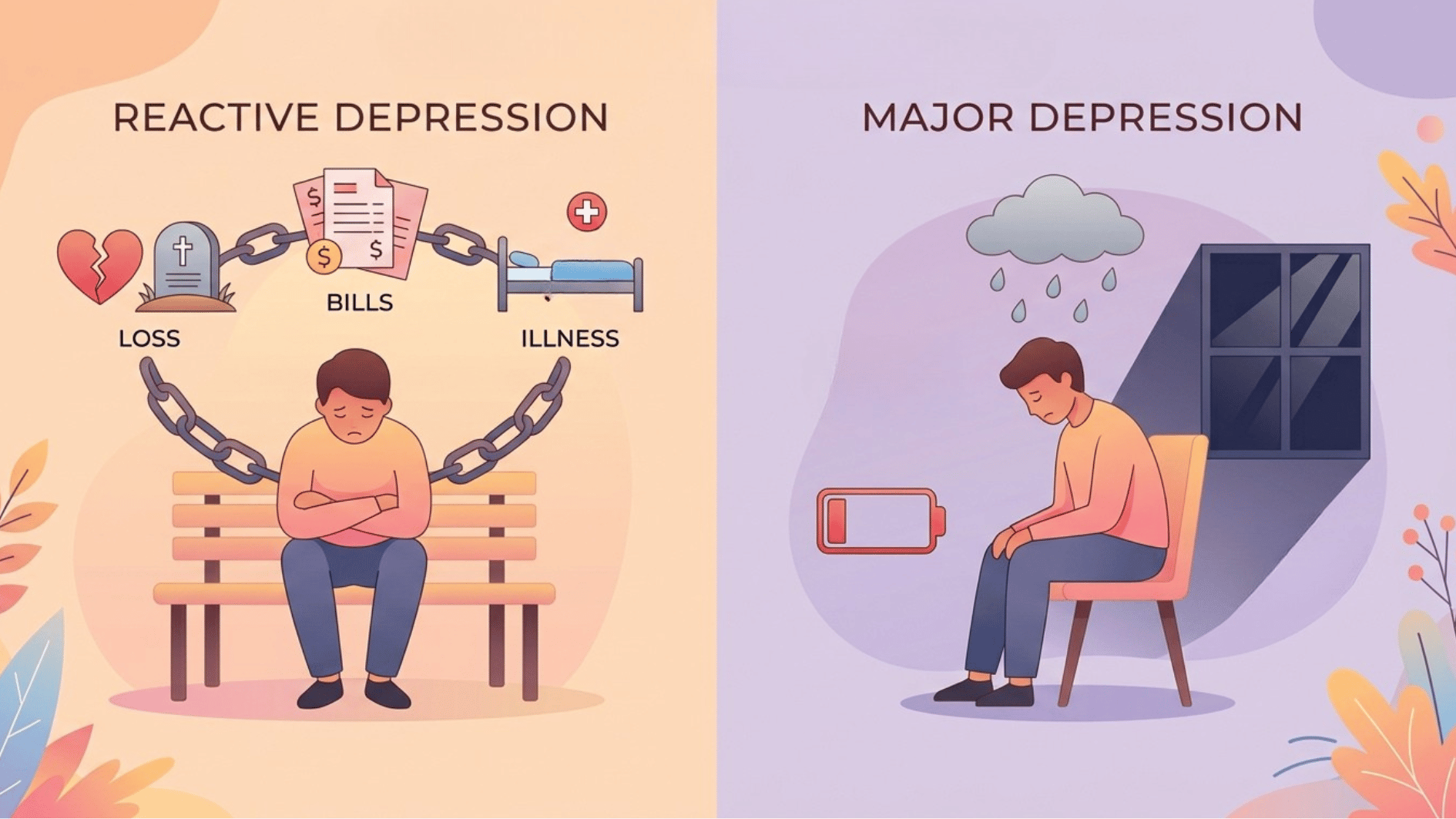 healthcare illustration split into two panels shwoing reactive vs major depression