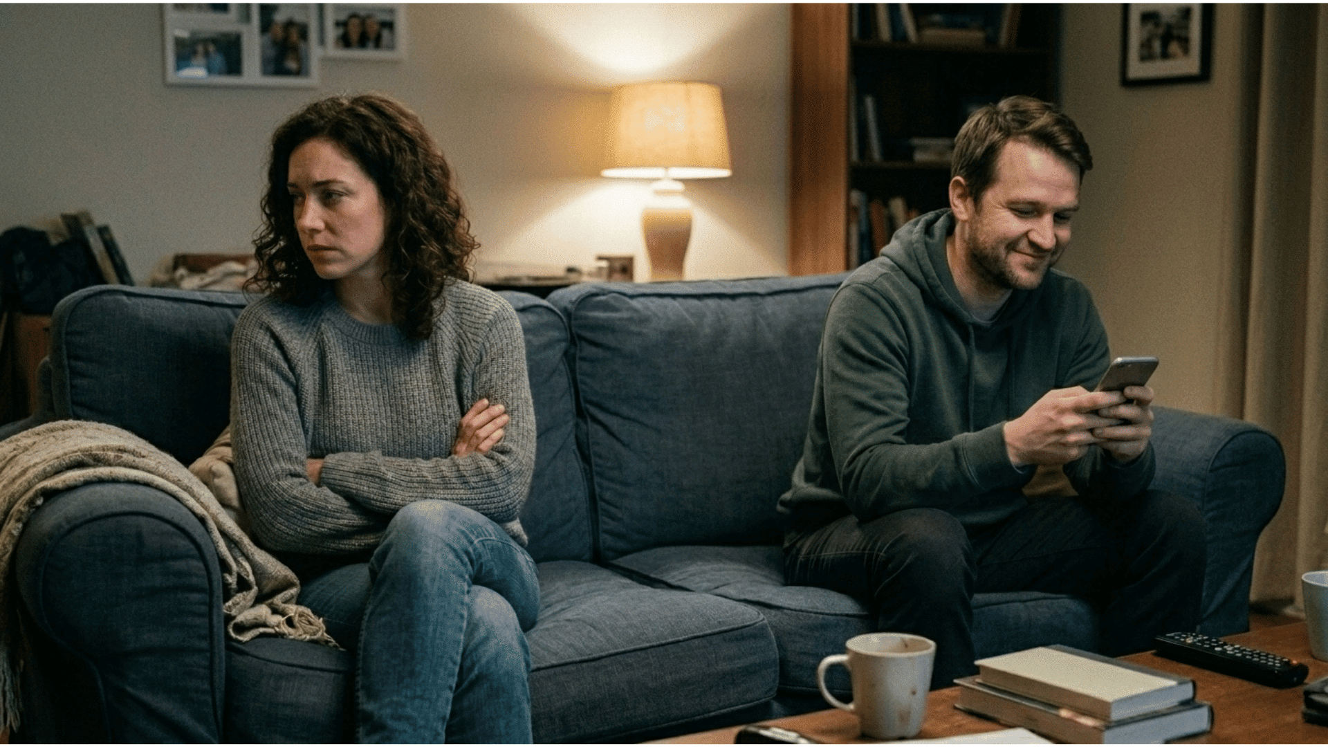 couple sitting apart on couch, showing emotional distance and red flags in a relationship