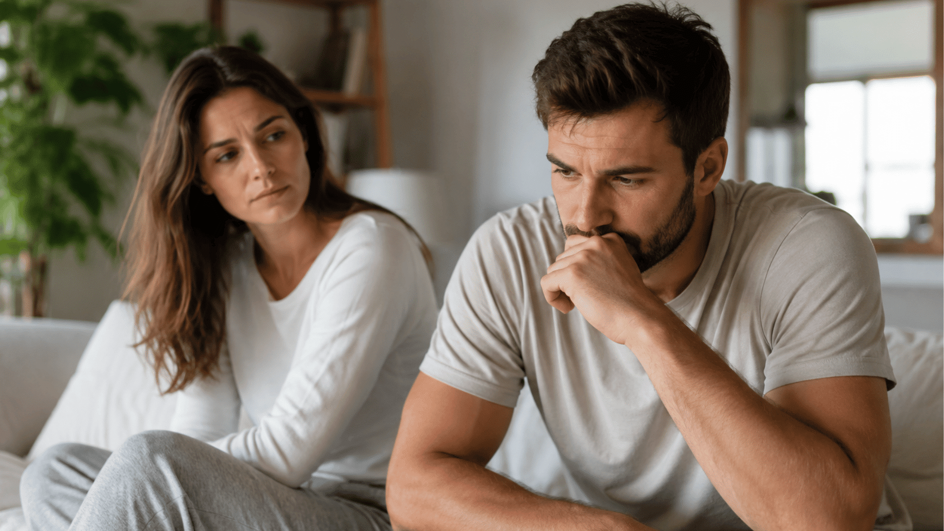 couple sitting together on a sofa with relationship doubts